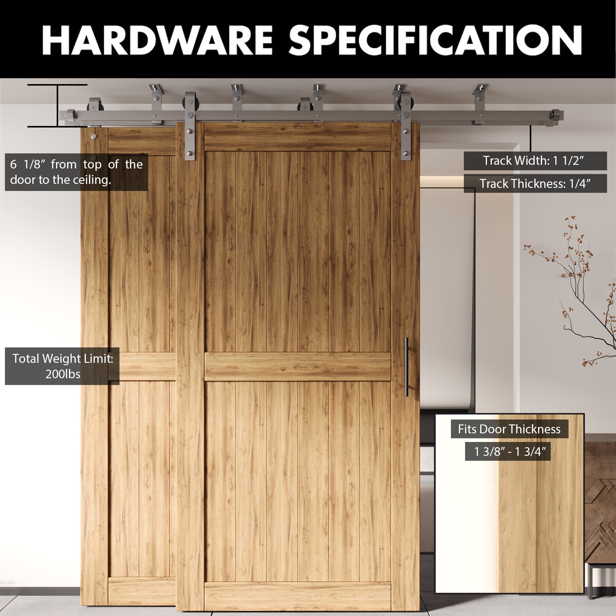 ceiling mount barn door hardware kit installed with double barn doors, showing track specs and pine wood finish
