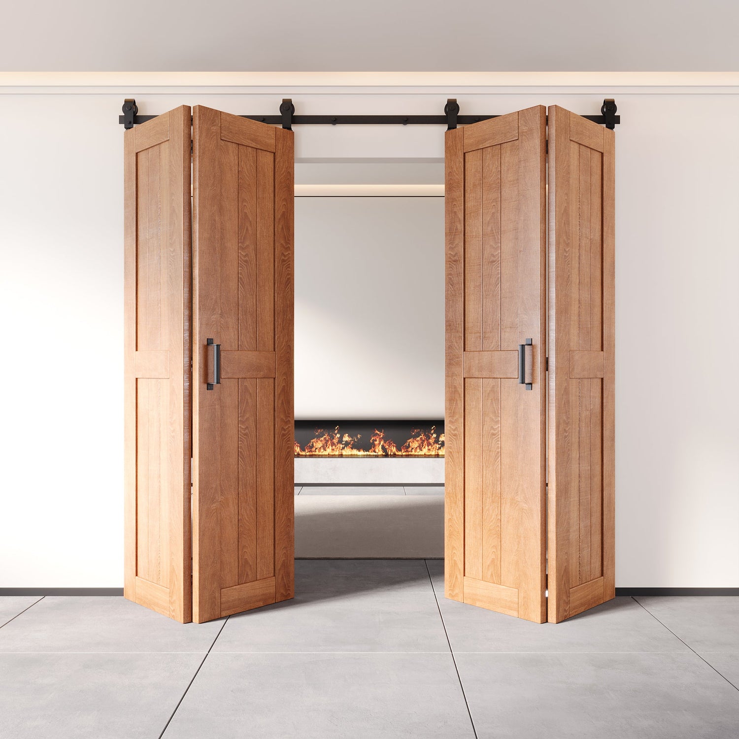 Contemporary living room with bi-fold barn doors and Homacer sliding barn door hardware installed on a high-quality steel track.