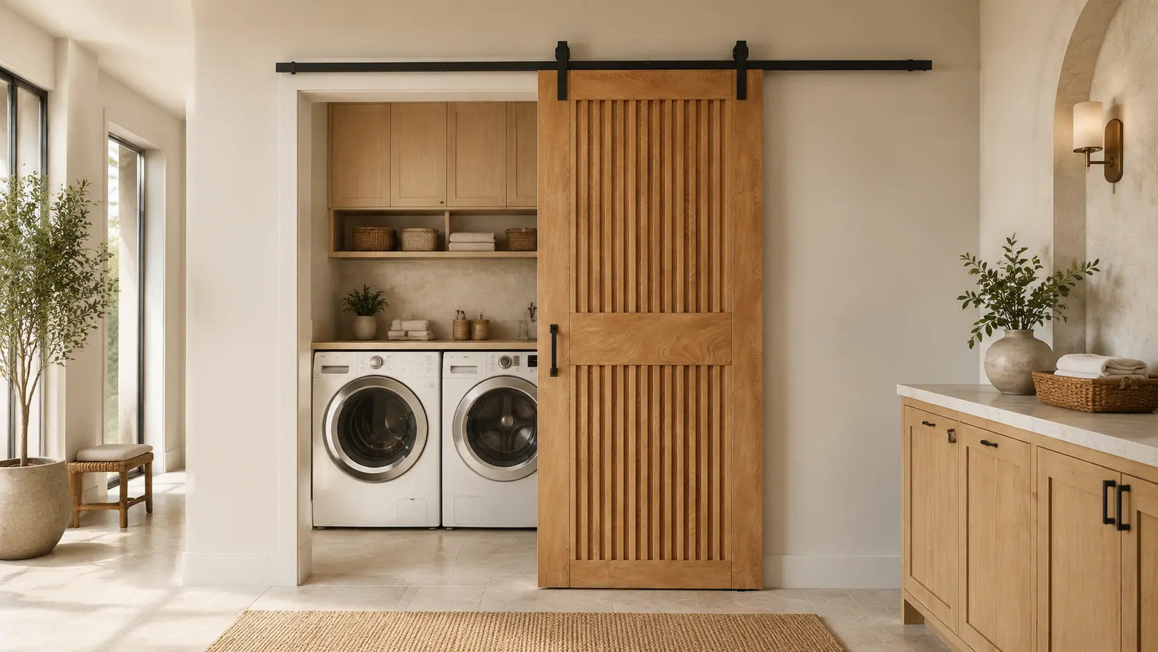 Homacer vertical stripe sliding barn door in a modern laundry room