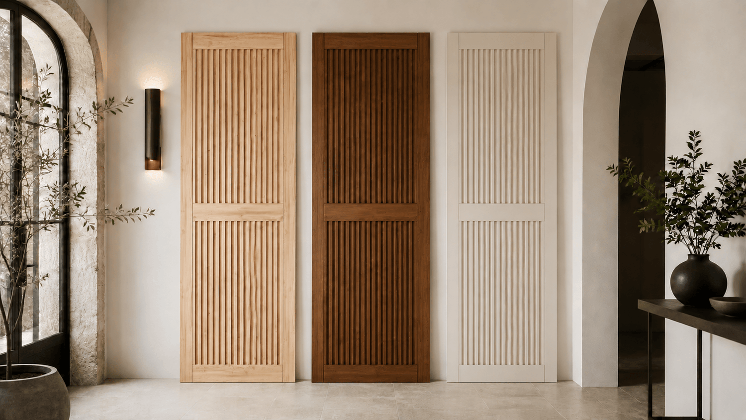 Unfinished pine barn door shown in natural wood, walnut stain, and white paint finishes_Homacer