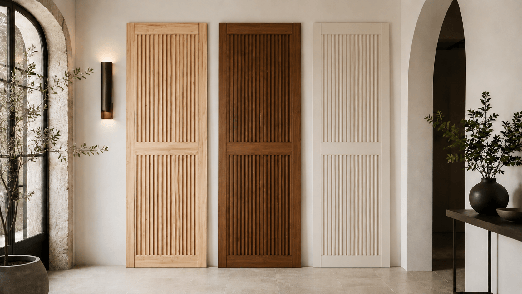 Unfinished pine barn door shown in natural wood, walnut stain, and white paint finishes_Homacer