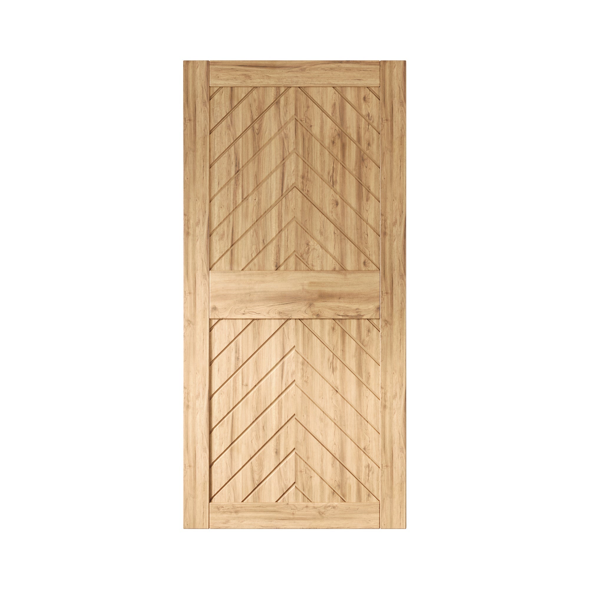 Unfinished pine wood barn door slab with chevron pattern ready for DIY finishing