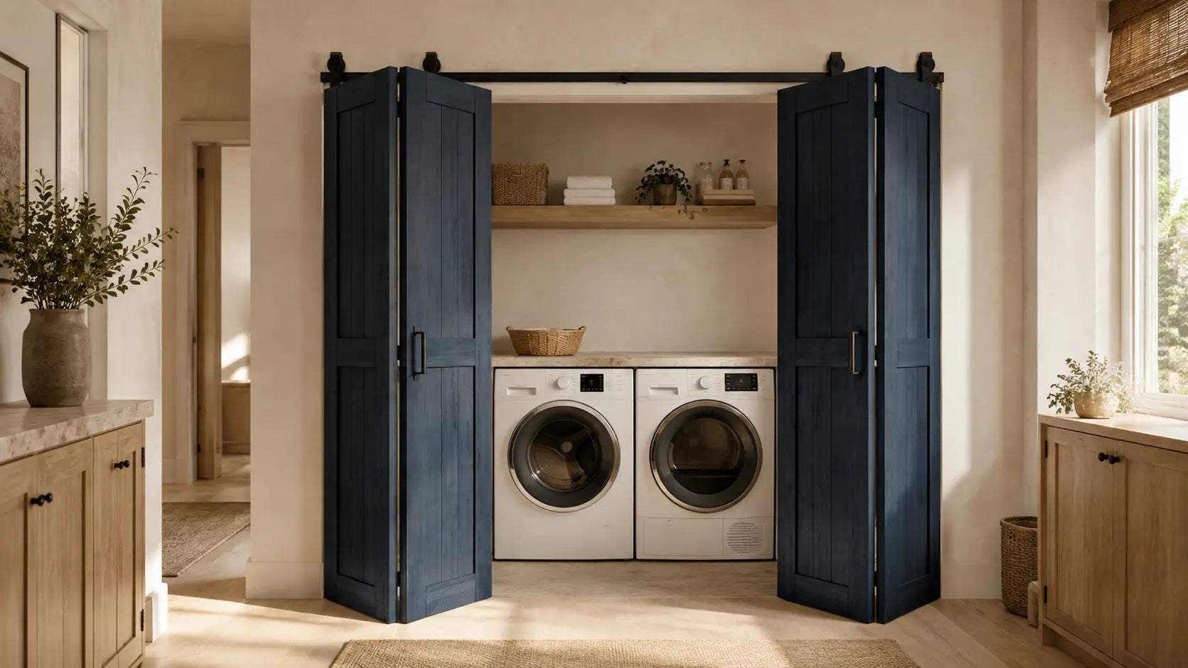 Navy 4-door bi-fold barn doors opening to a modern laundry closet