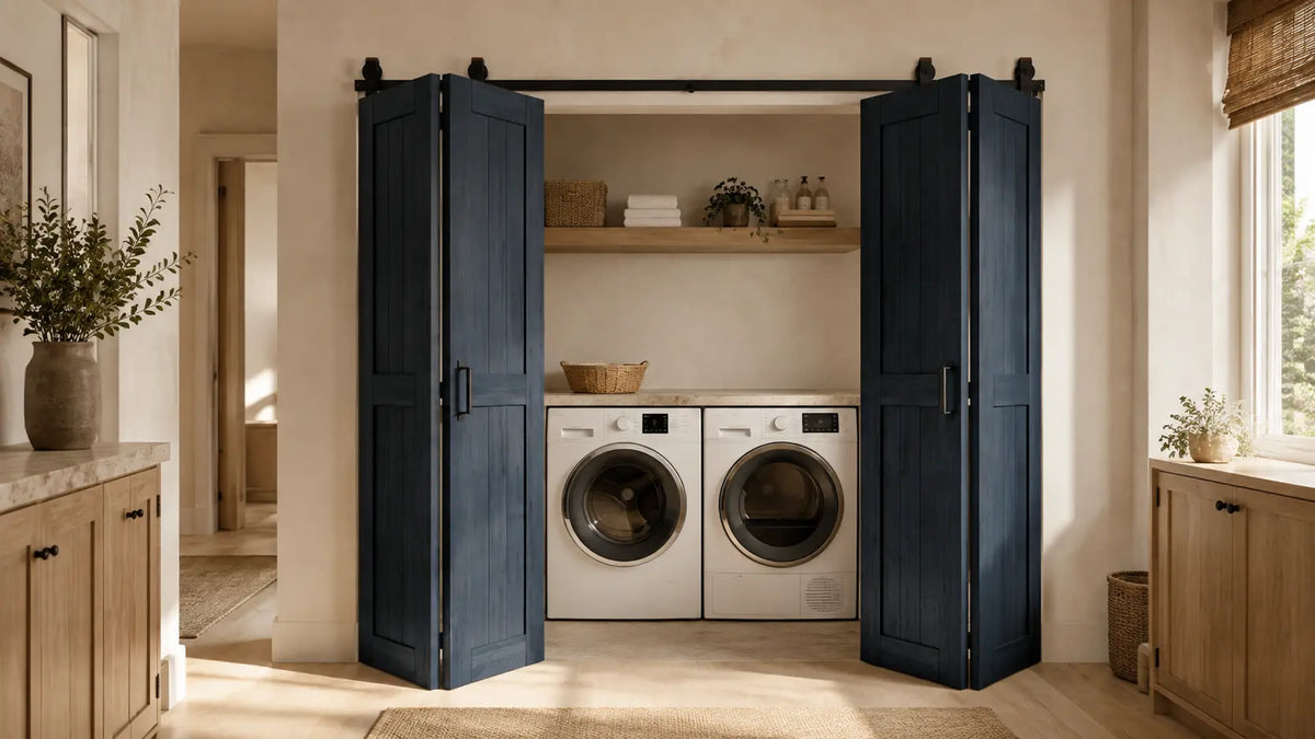 Navy 4-door bi-fold barn doors opening to a modern laundry closet