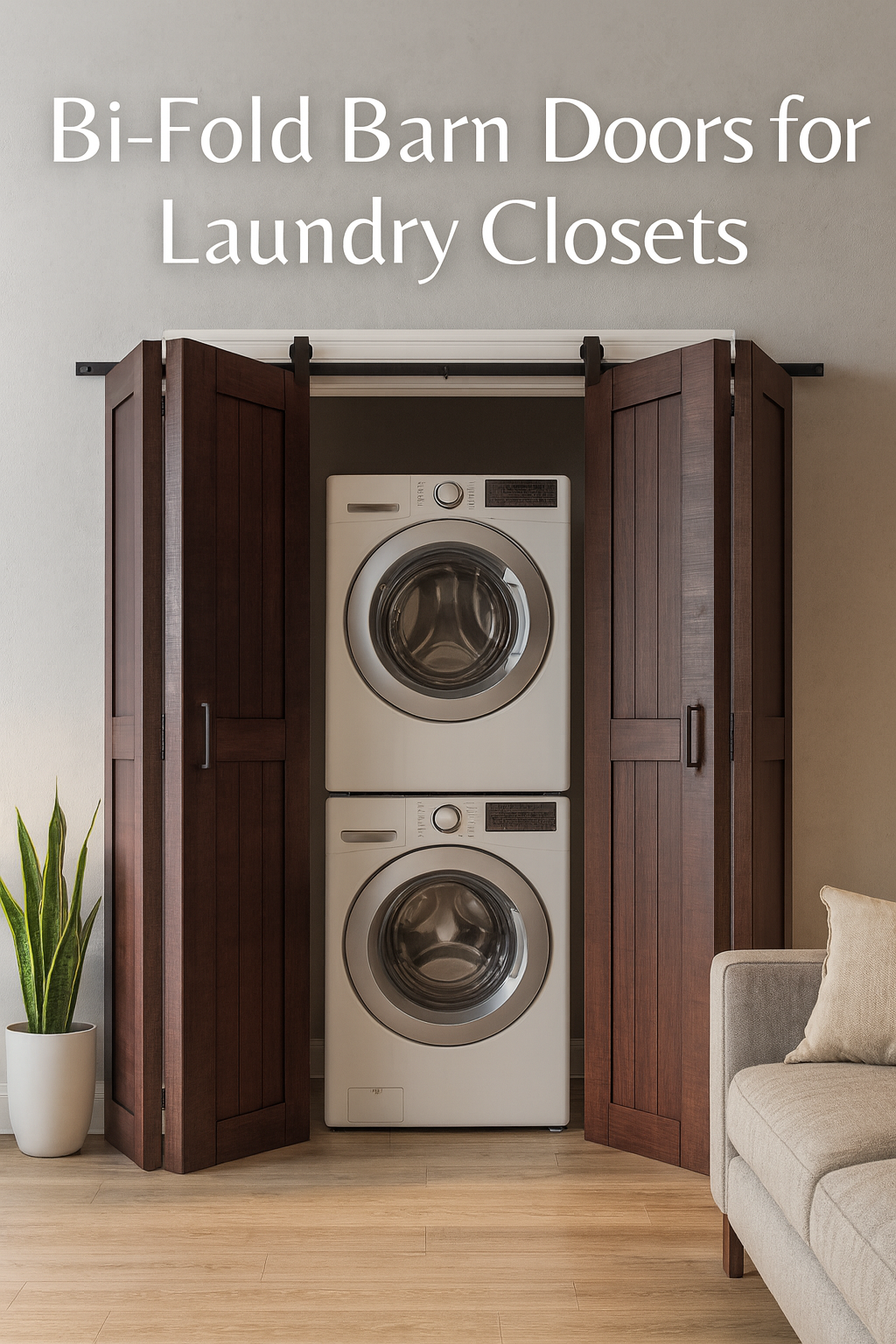 Red Mahogany bi-fold barn door with hardware kit installed in a modern laundry room.