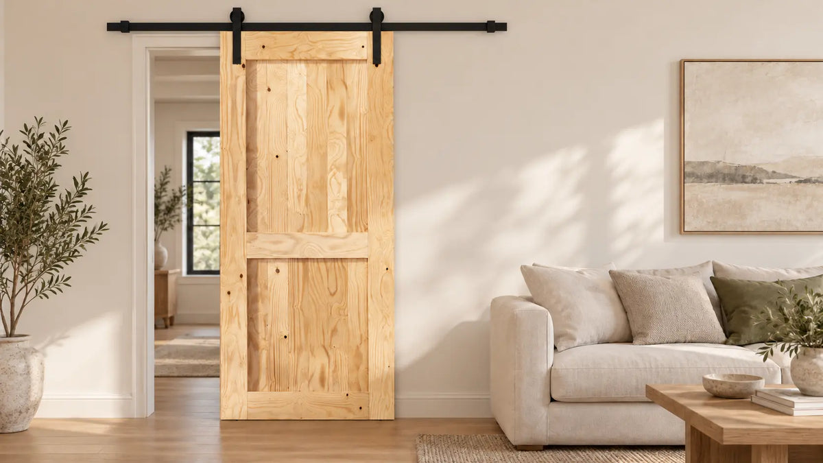 Homacer solid pine sliding barn door with natural wood grain in a bright living room
