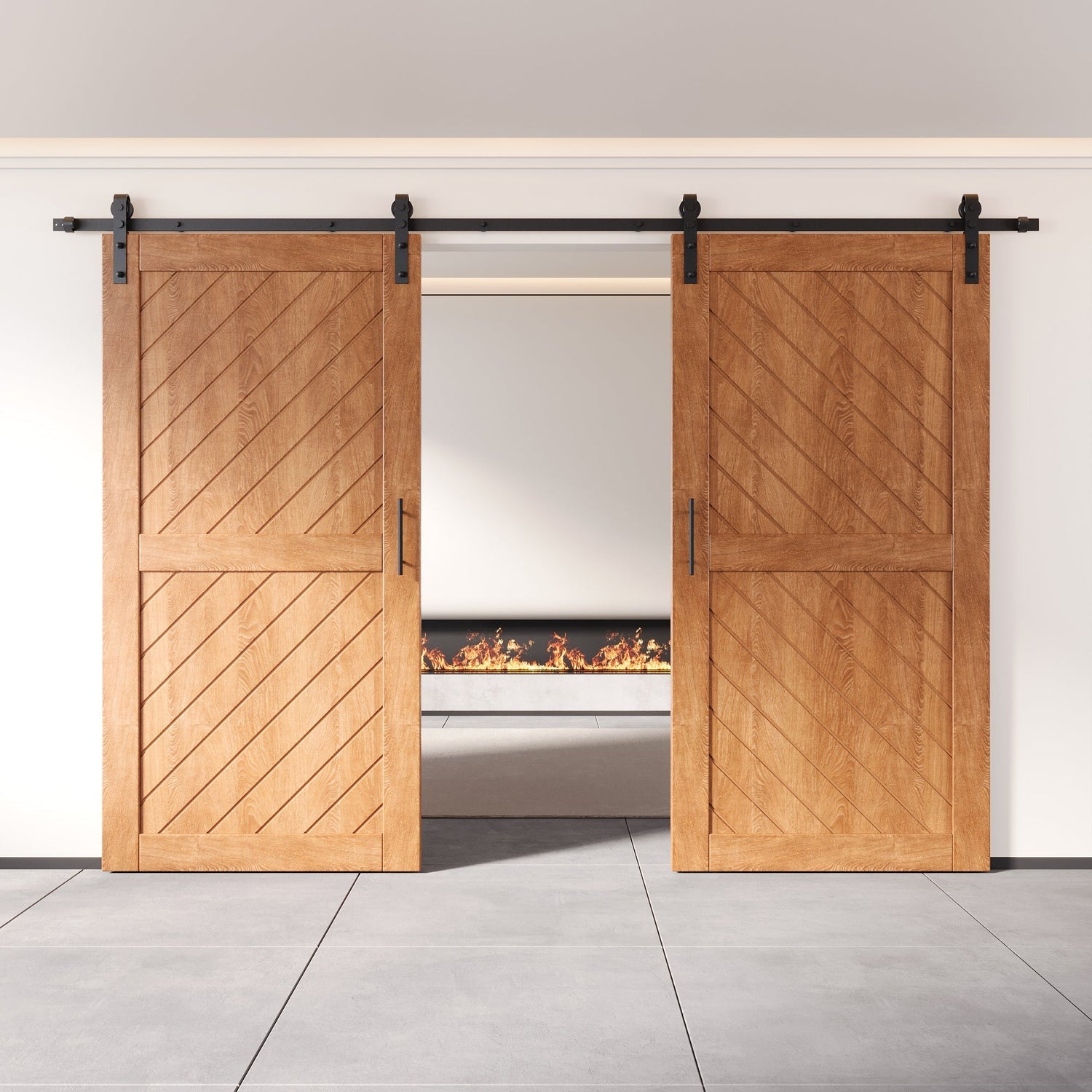 Double sliding modern barn doors with chevron wood pattern and black hardware, open to reveal a minimalist fireplace interior.