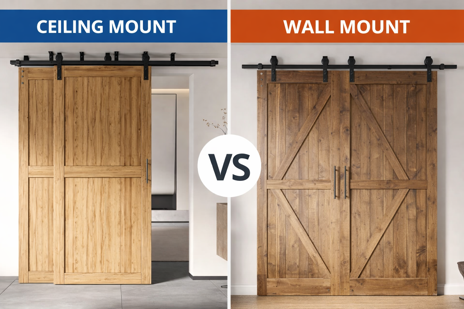 Comparison of ceiling mount double track bypass barn door hardware and traditional wall mount barn door hardware