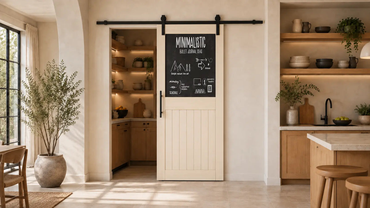 Chalkboard pantry barn door with black sliding hardware in a warm modern kitchen