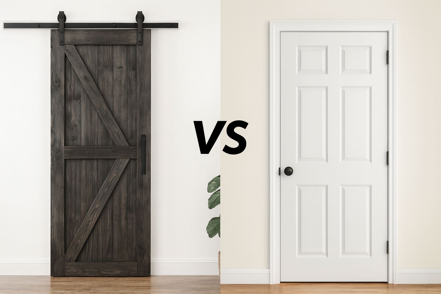comparison between a sliding barn door and a traditional hinged door