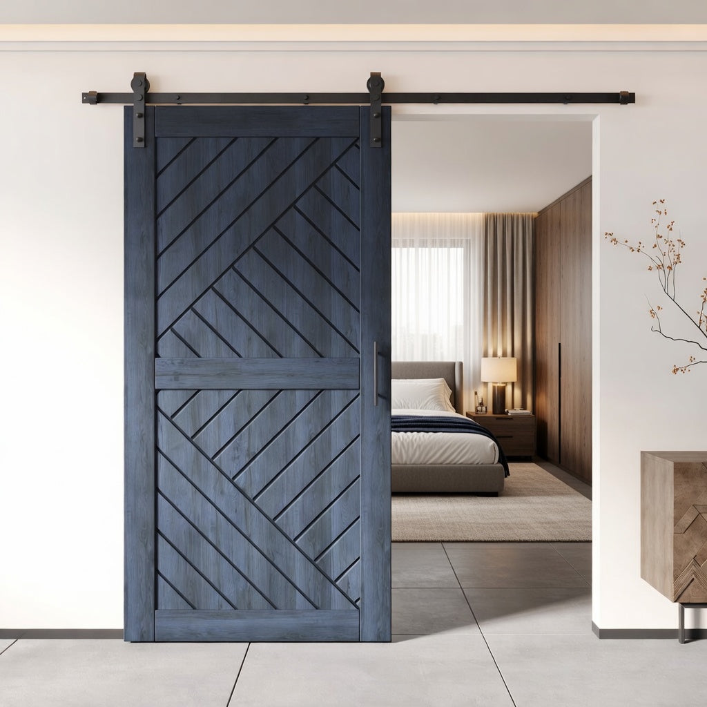 modern sliding barn door for bedroom with geometric wood panels