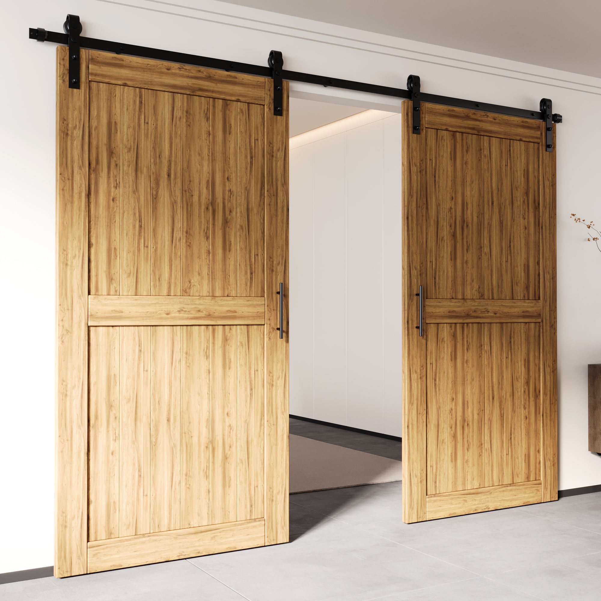 single track non-bypass barn door hardware kit with wood sliding doors