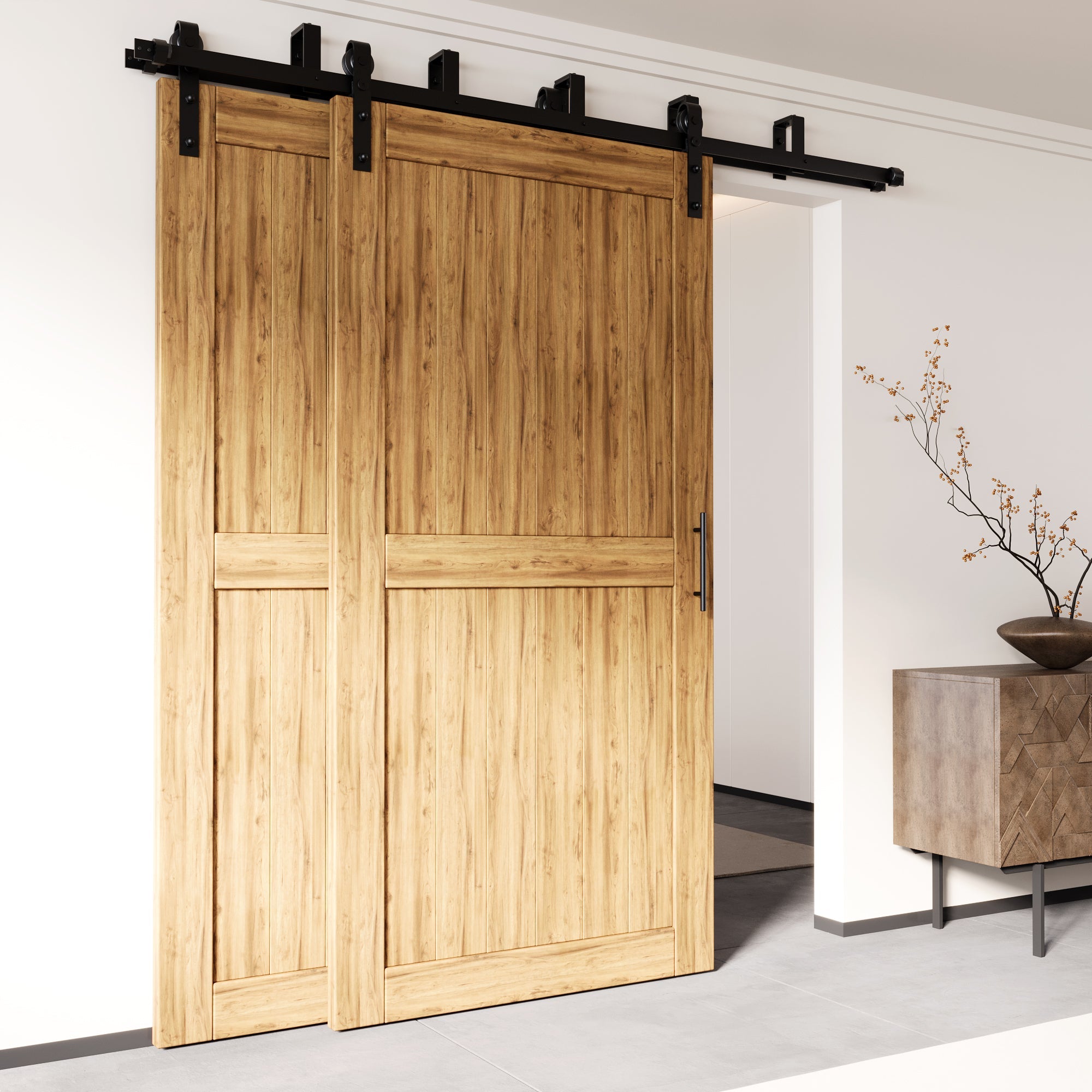 bypass barn door hardware kit with double wood sliding doors