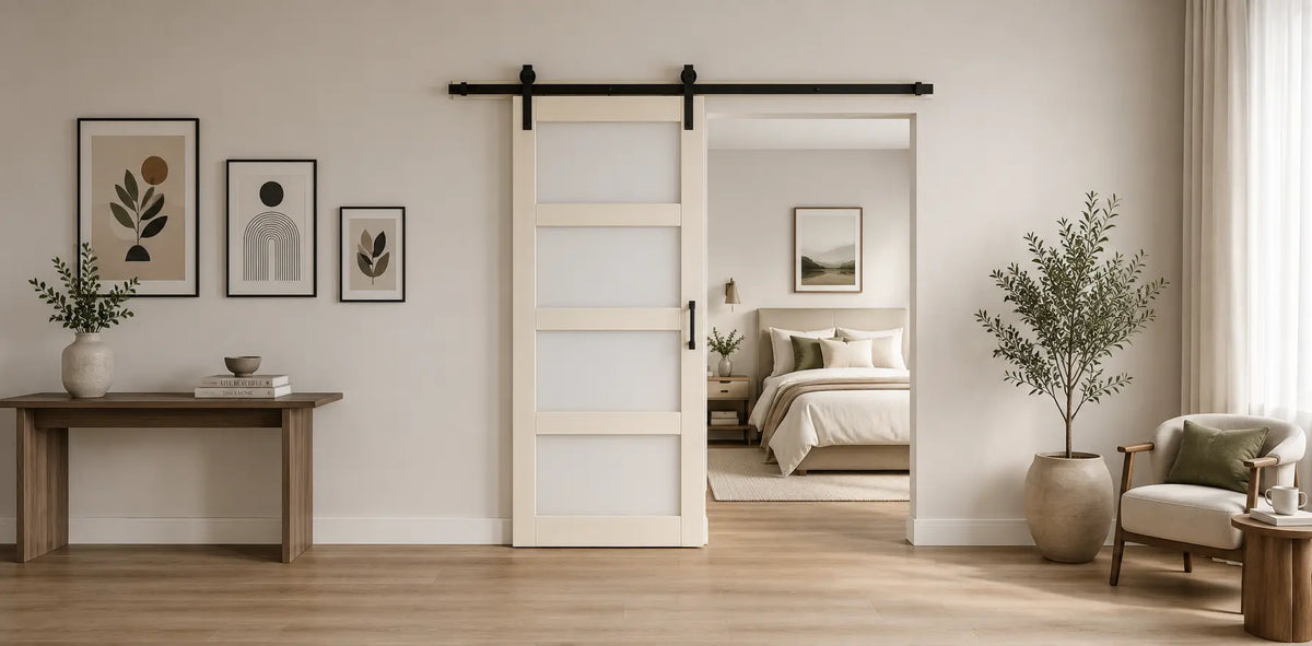 White 4-lite frosted glass barn door at a bedroom entrance