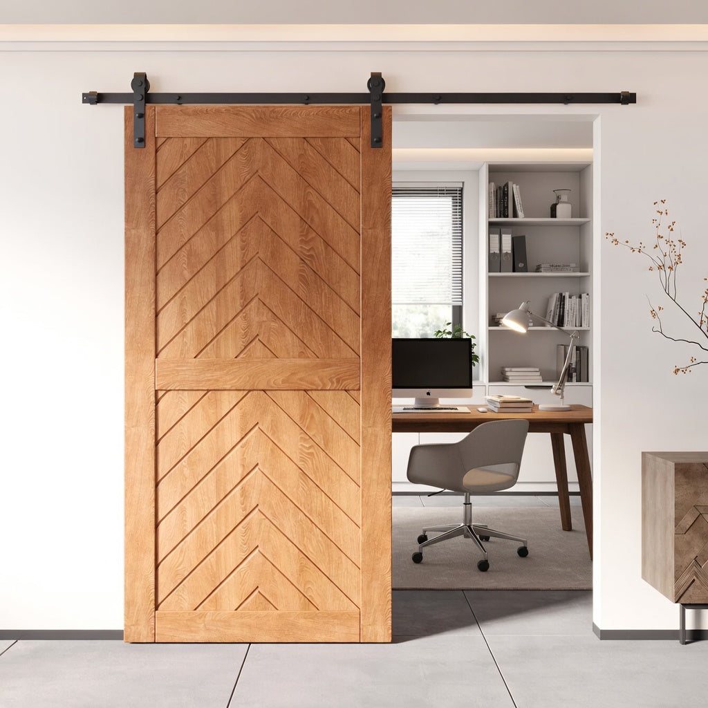 Fishbone barn door in a modern home office interior