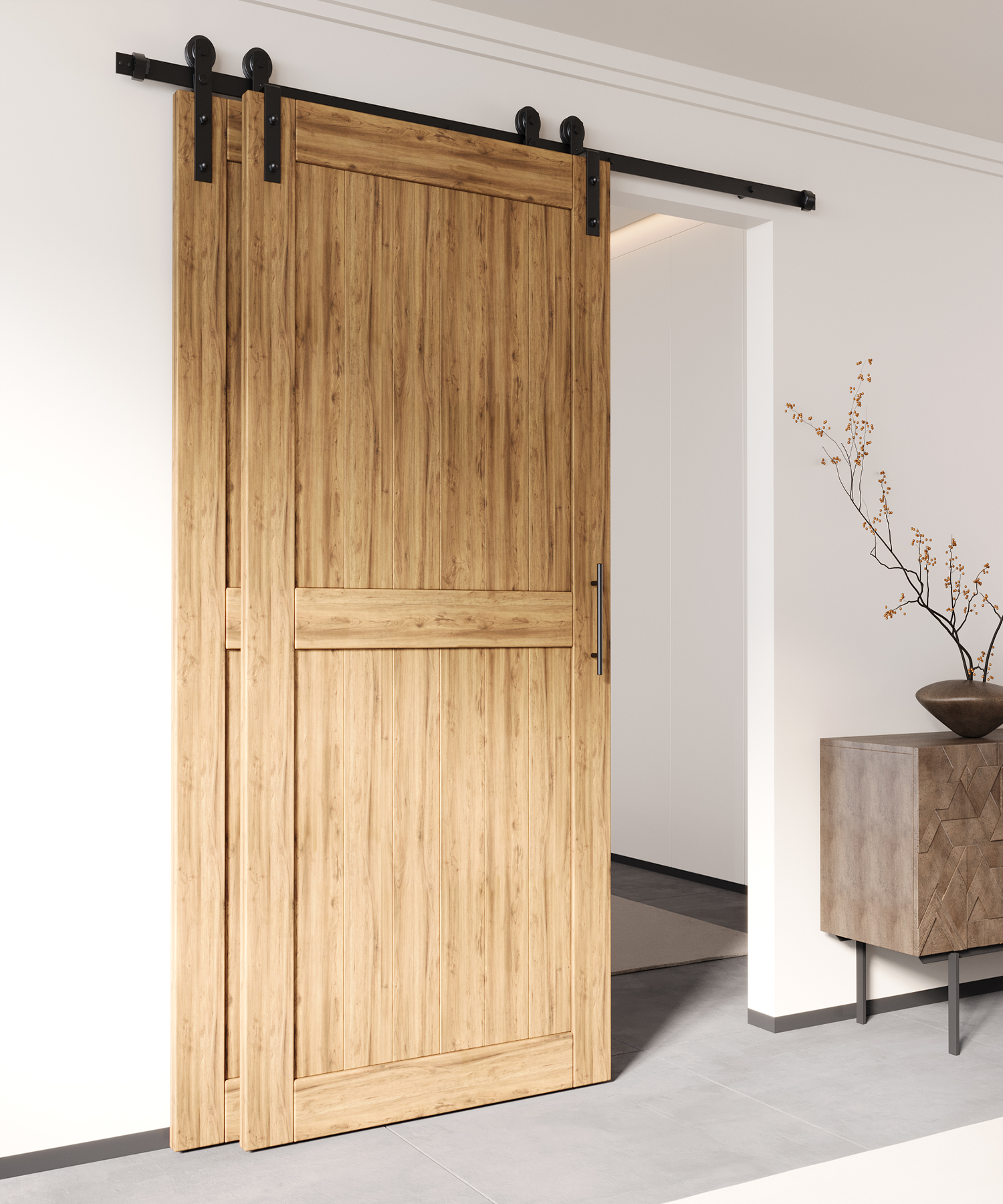 single track bypass barn door hardware kit for double doors in black finish