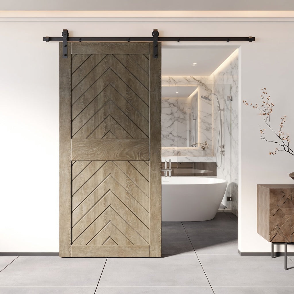 84-inch fishbone barn door in a modern interior