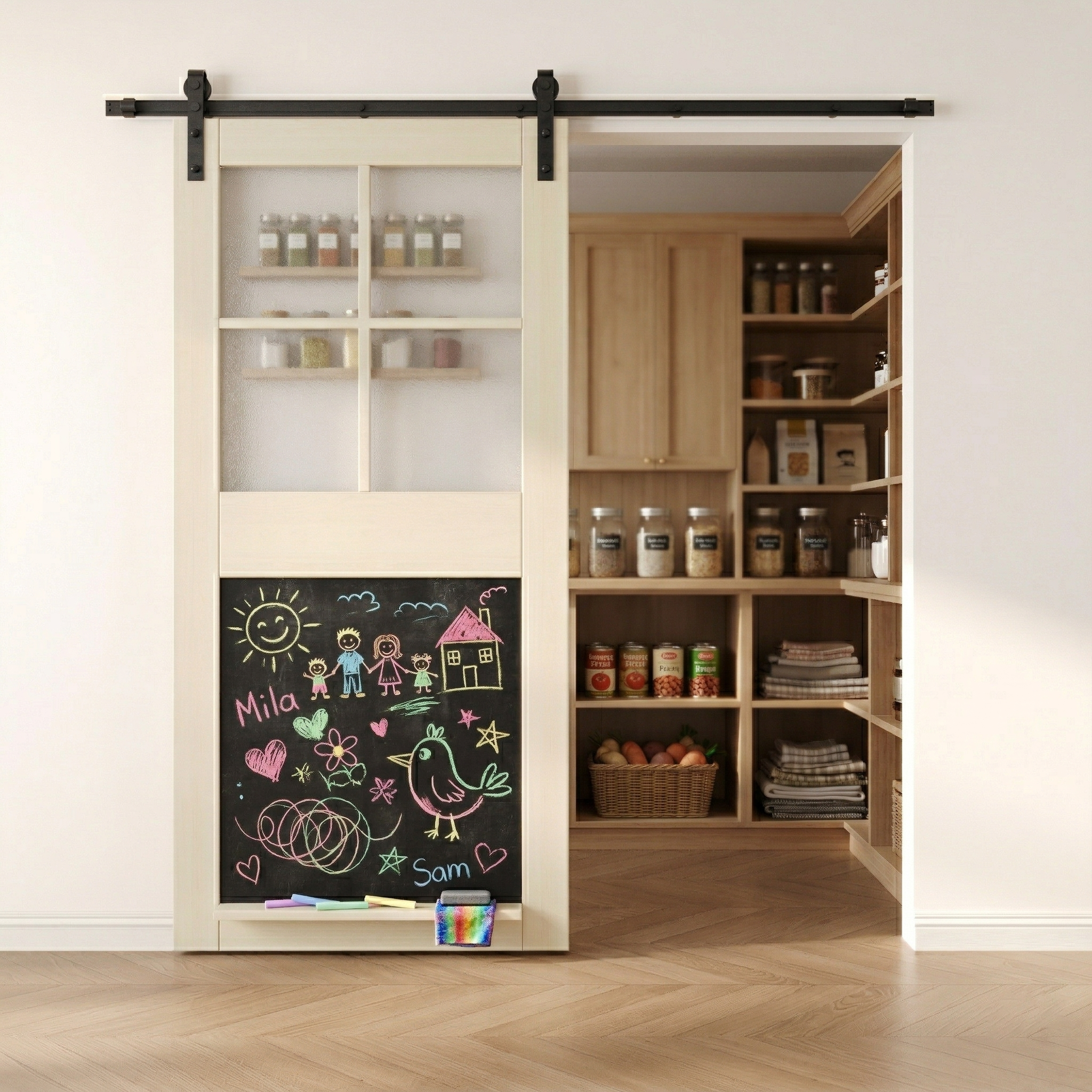 interior chalkboard barn door for pantry with frosted glass upper panel