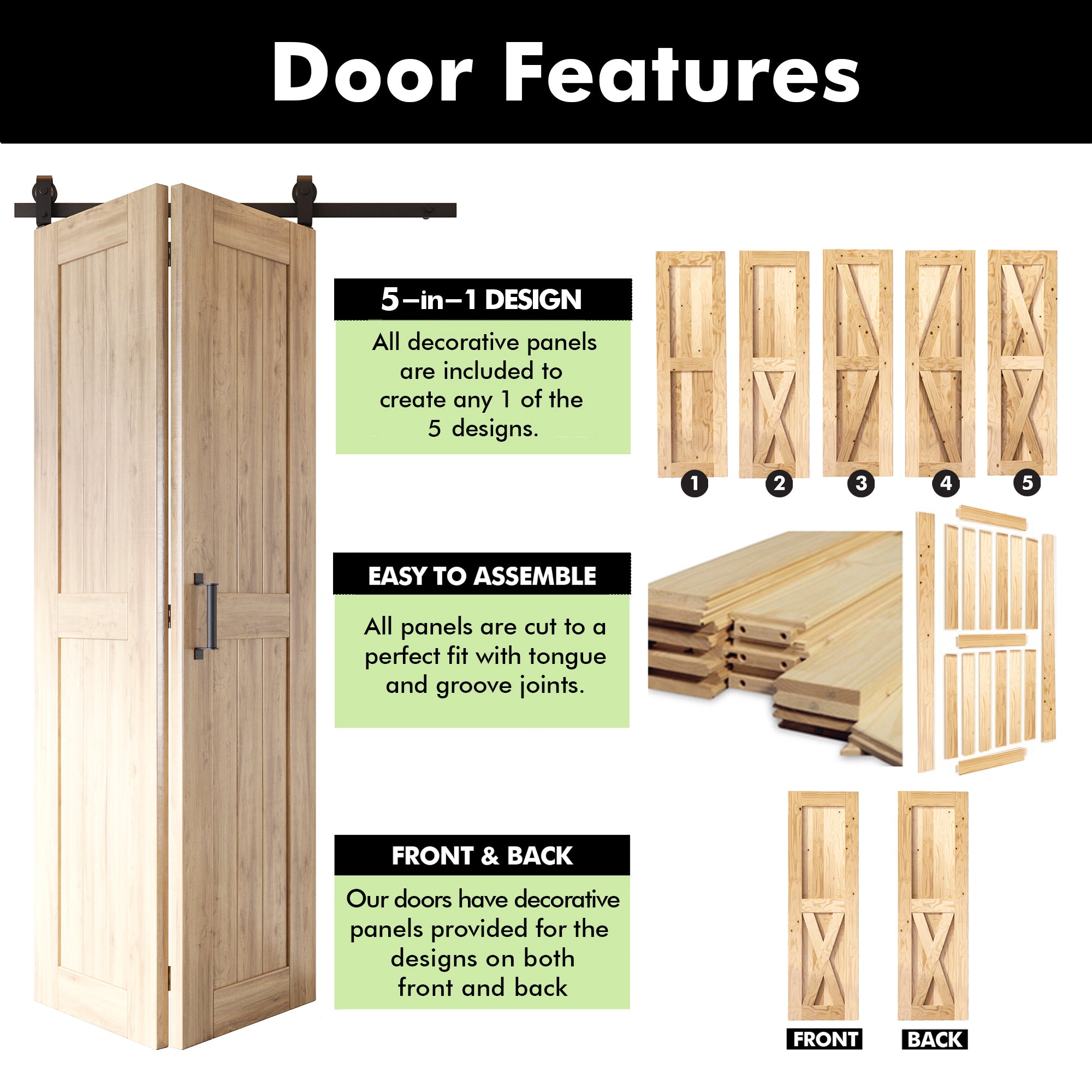 5-in-1 80in Unassembled & Unfinished Barn Door with Bi-Fold Top Mount Hardware 4 Door Kit - T-shape Roller