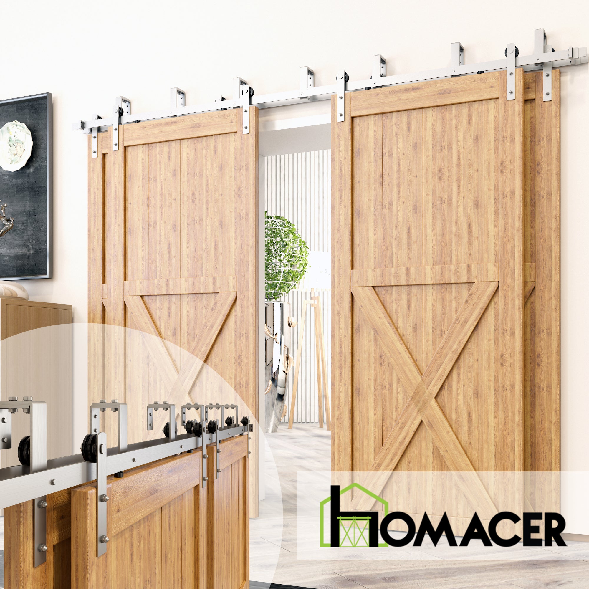 Double Track Bypass Barn Door Hardware Kit - U-Shape, Brushed Nickel , Straight Design Roller | Homacer