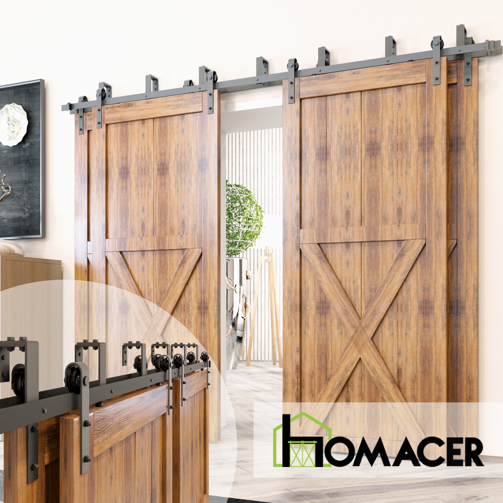 Homacer logo with double bypass barn door hardware kit display
