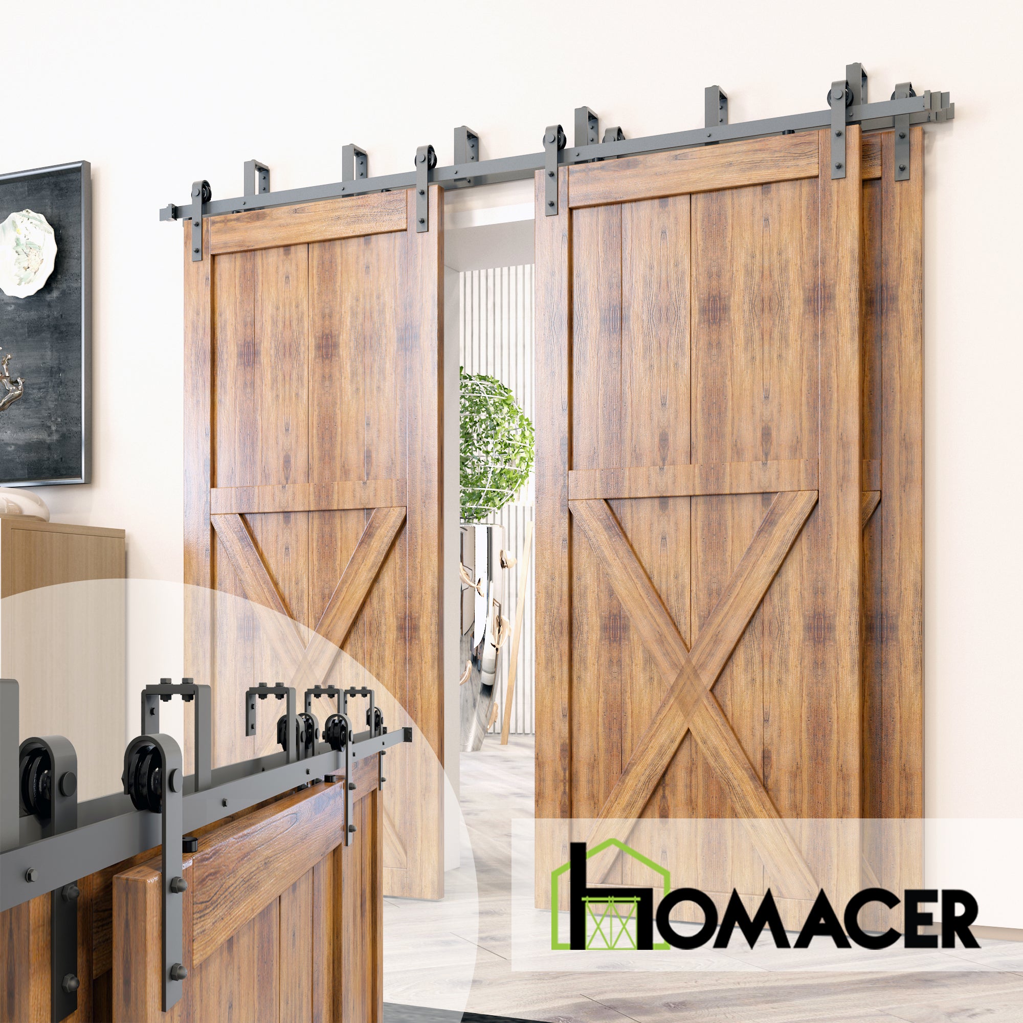 Homacer double bypass barn door hardware kit installed with rustic wooden X-design doors