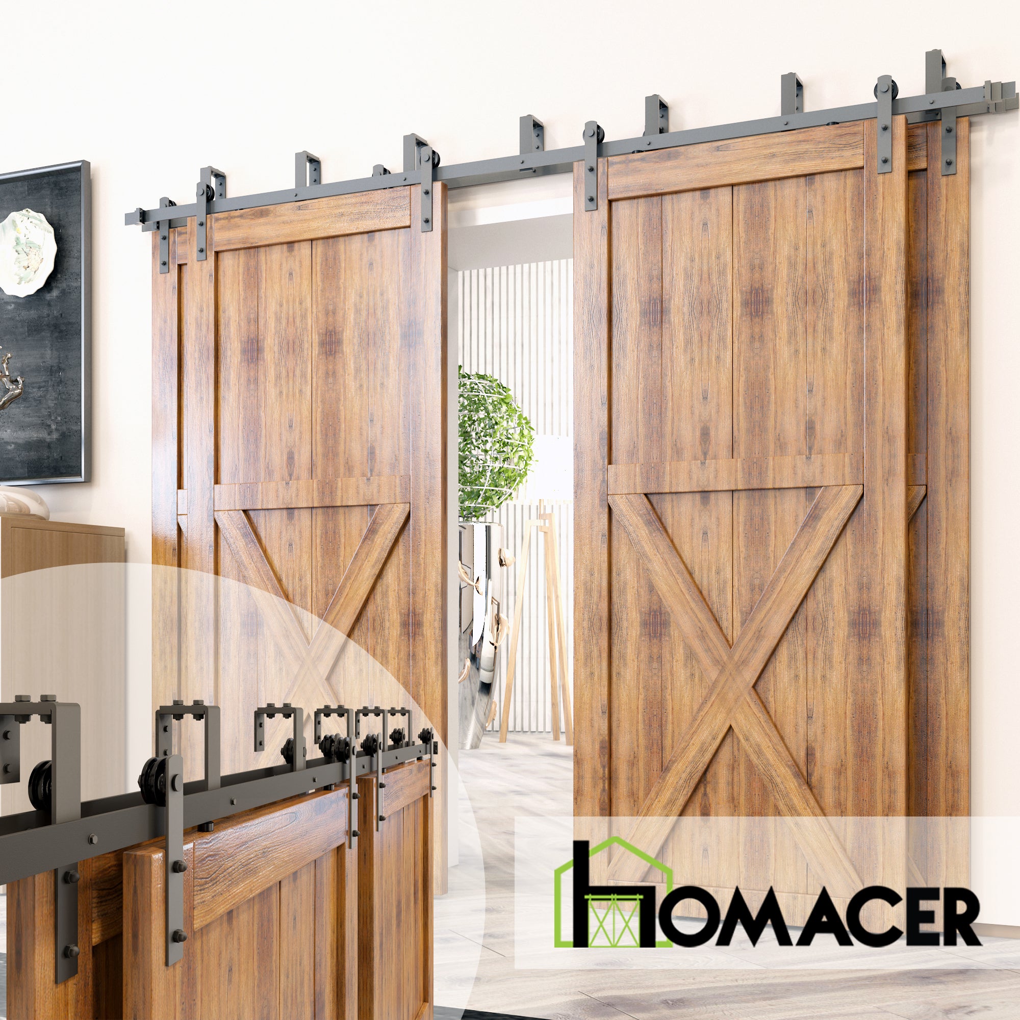 Double Track Bypass Barn Door Hardware Kit – U-Shape, Straight Roller | Homacer