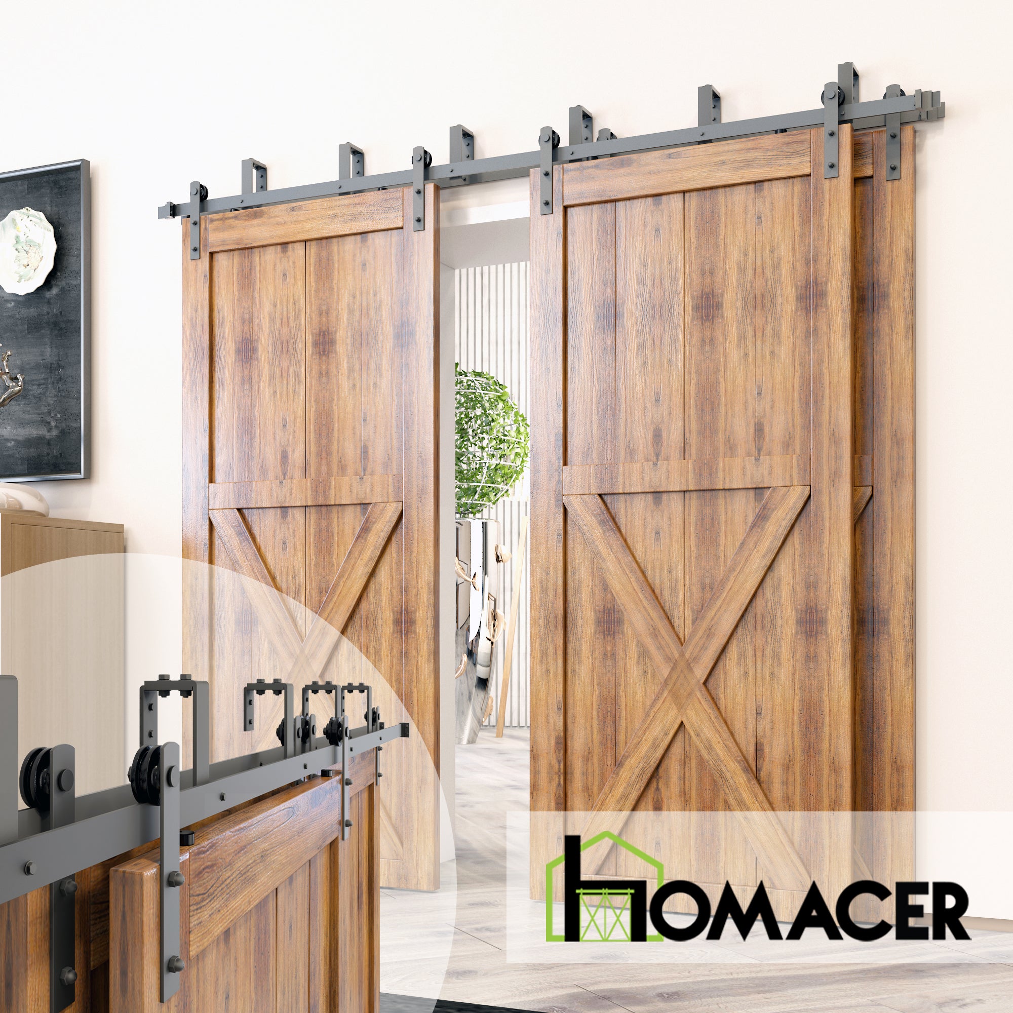 Double Track Bypass Barn Door Hardware Kit – U-Shape, Straight Roller | Homacer