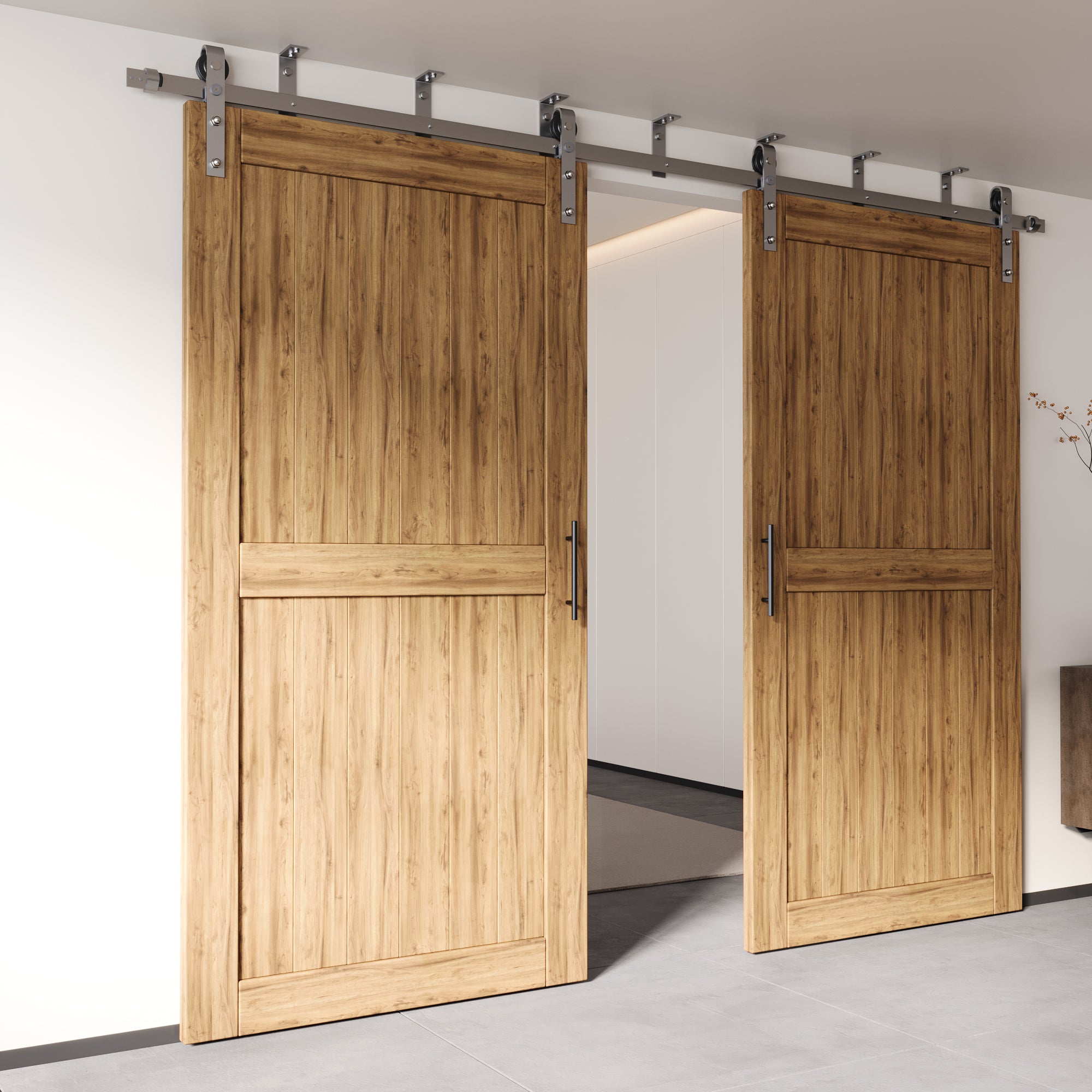 Homacer Brushed Nickel Ceiling Mount Non-Bypass Sliding Barn Door Hardware Kit, For Two/Double Doors