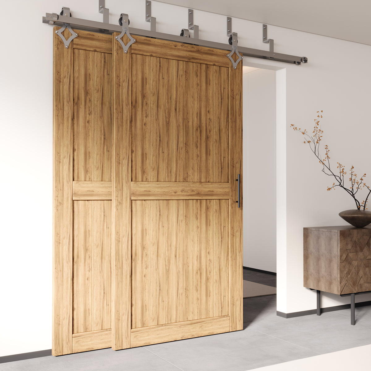 Double Track Bypass Sliding Barn Door Hardware Kit - Z-Shape, Brushed Nickel, Diamond Design Roller | Homacer