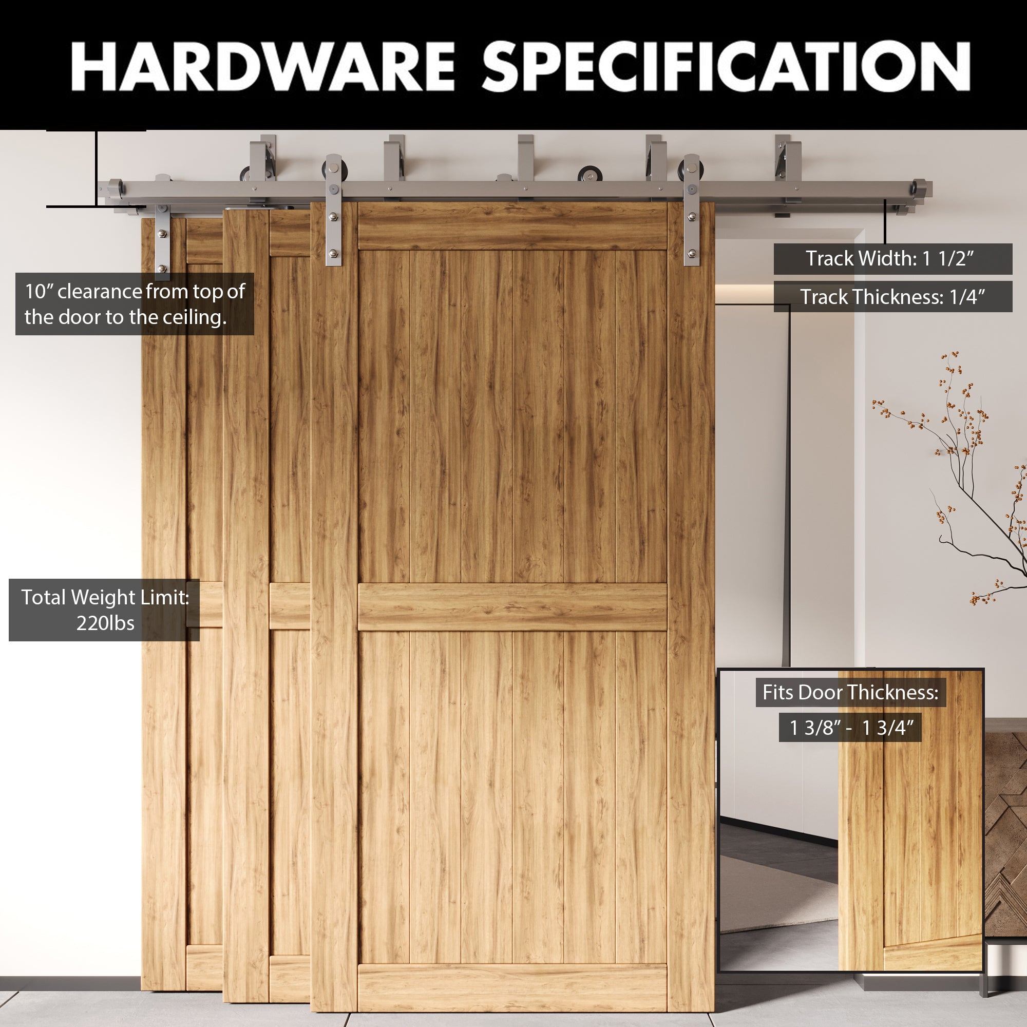 Brushed Nickel Triple Track Bypass Sliding Barn Door Hardware Kit - Straight Design (for Door Thickness 1-3/8in ~ 1-3/4in)