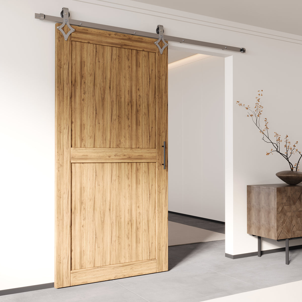 Non-Bypass Sliding Barn Door Hardware Kit Brushed Nickel - Diamond Design Roller
