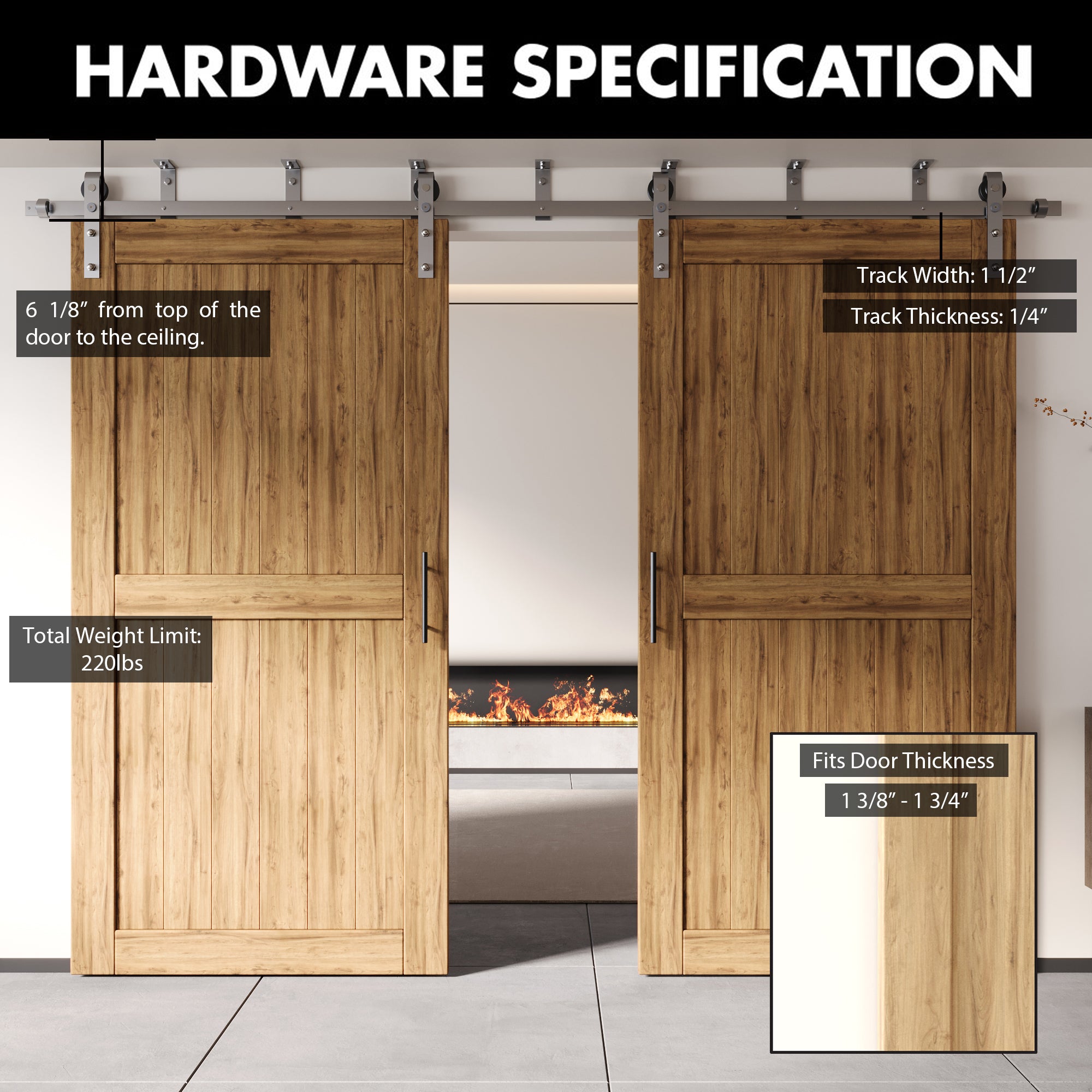 Homacer Brushed Nickel Ceiling Mount Non-Bypass Sliding Barn Door Hardware Kit, For Two/Double Doors