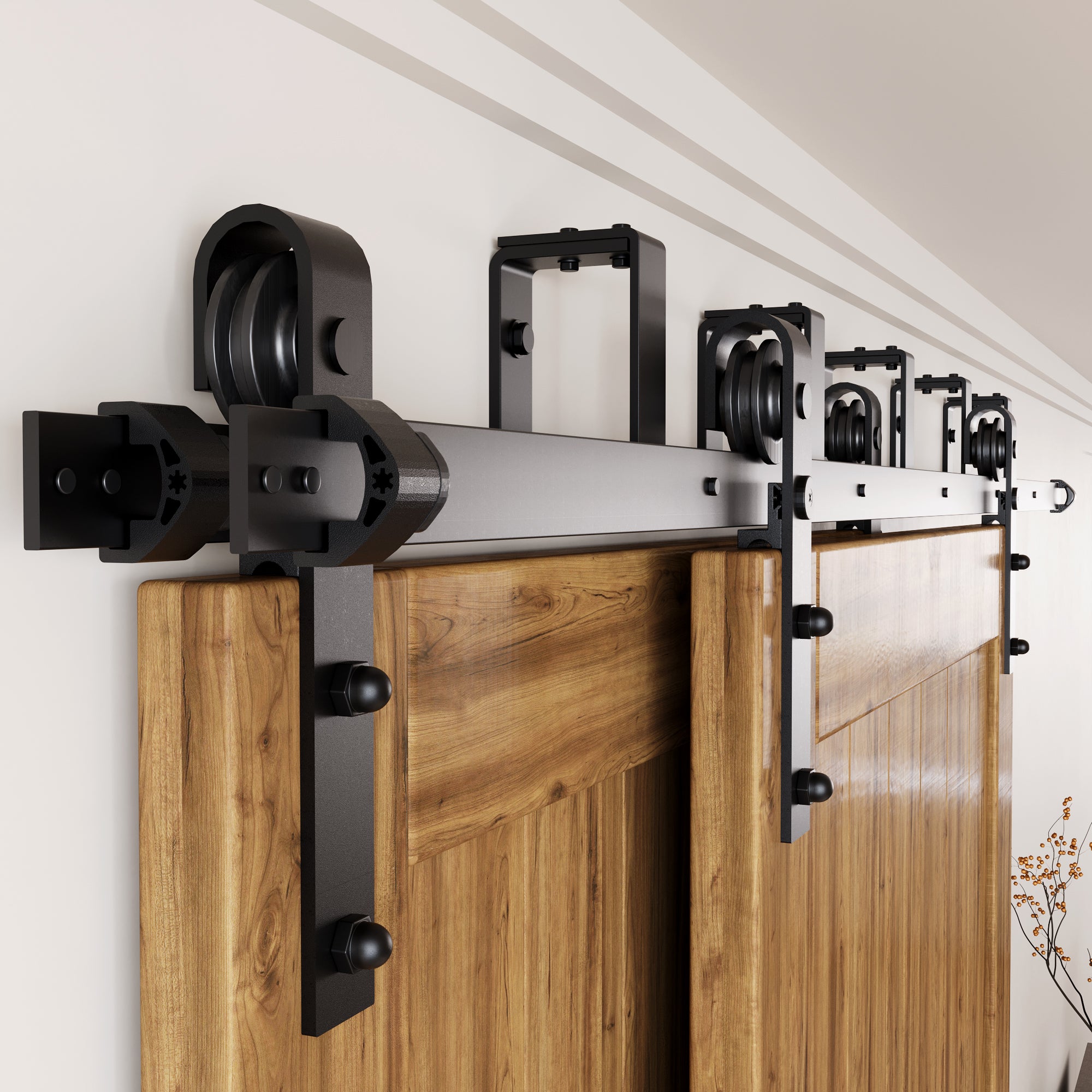 Close-up view of U-shape double bypass barn door hardware kit with classic roller