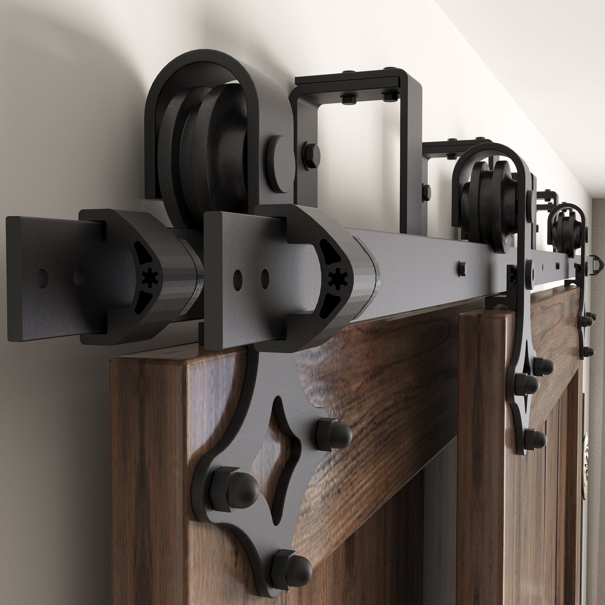 Double Track U-Shape Bypass Sliding Barn Door Hardware Kit - Diamond Design Roller