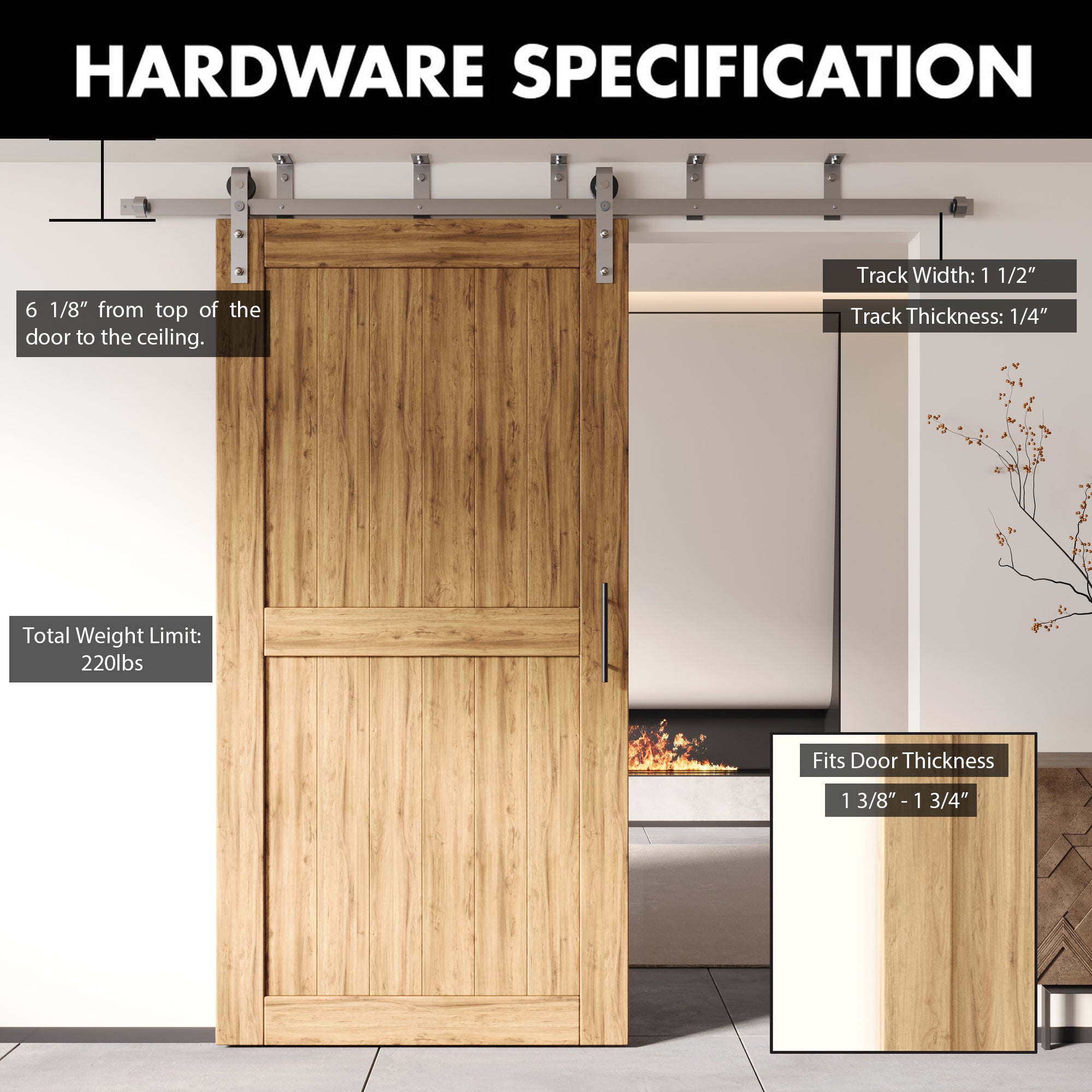 Homacer Brushed Nickel Ceiling Mount Non-Bypass Sliding Barn Door Hardware Kit, for One/Single Door