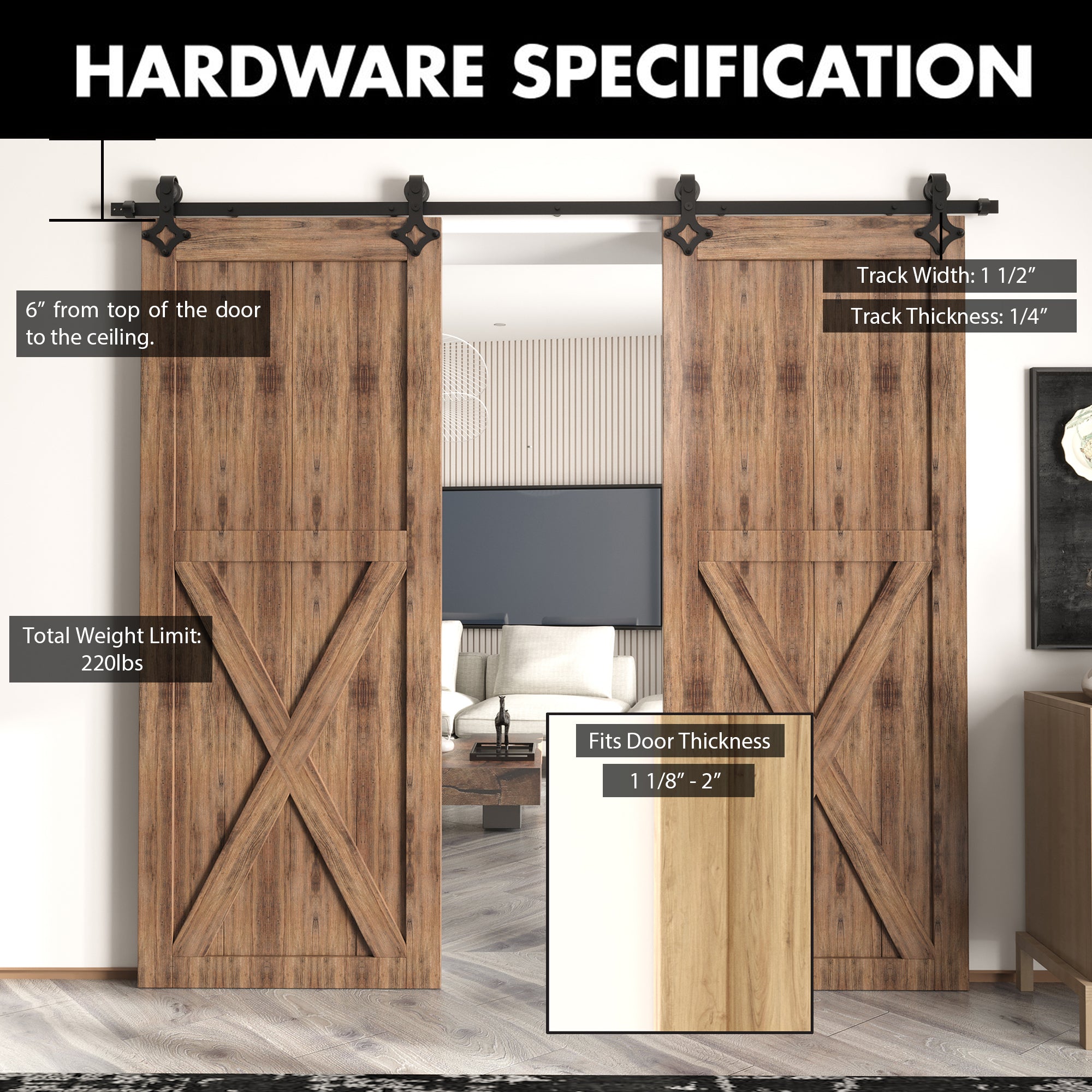 Non-Bypass Sliding Barn Door Hardware Kit - Diamond Design Roller