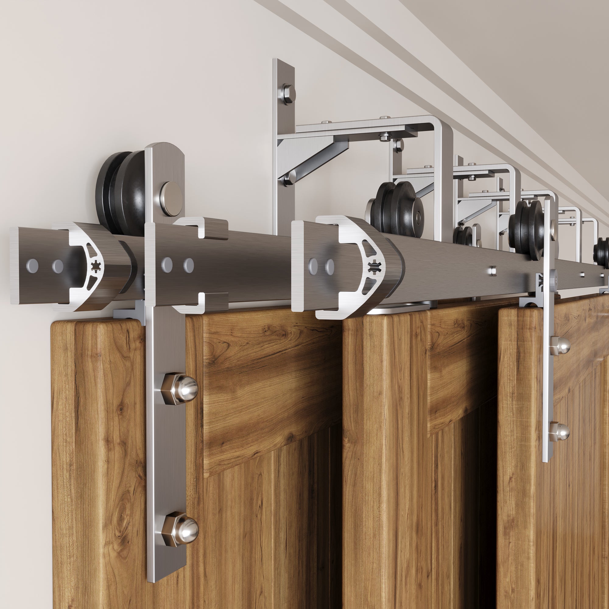 Brushed Nickel Triple Track Bypass Sliding Barn Door Hardware Kit - Straight Design (for Door Thickness 1-3/8in ~ 1-3/4in)