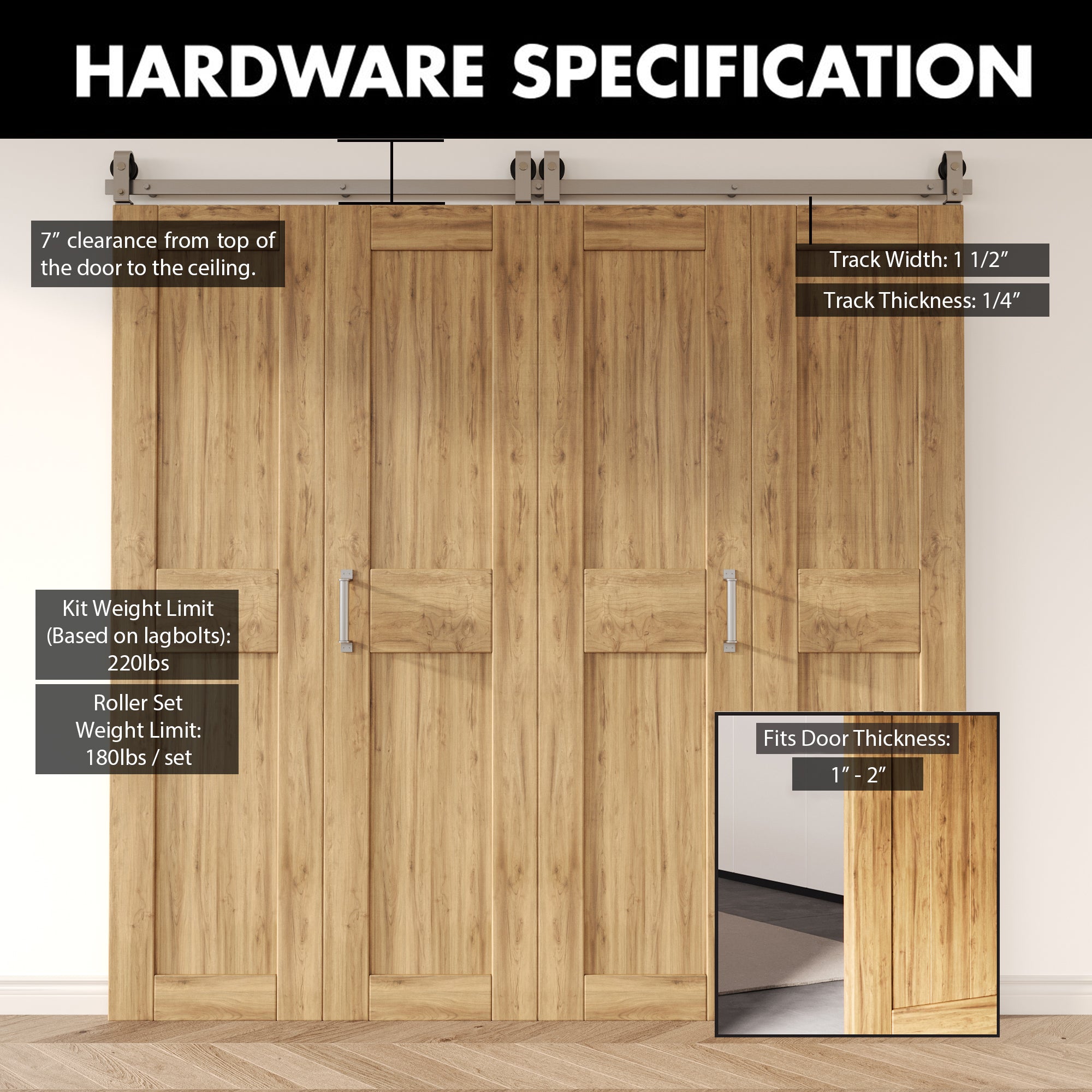 Brushed Nickel Bi-Folding Sliding Barn Door Hardware Top Mount Four Doors Kit - T-Shape Design Roller (Doors Not Included)