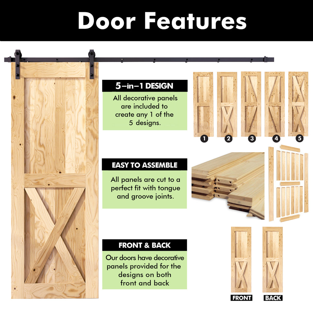 5-in-1 Double 80in Barn Door with Non-Bypass Installation Hardware Kit