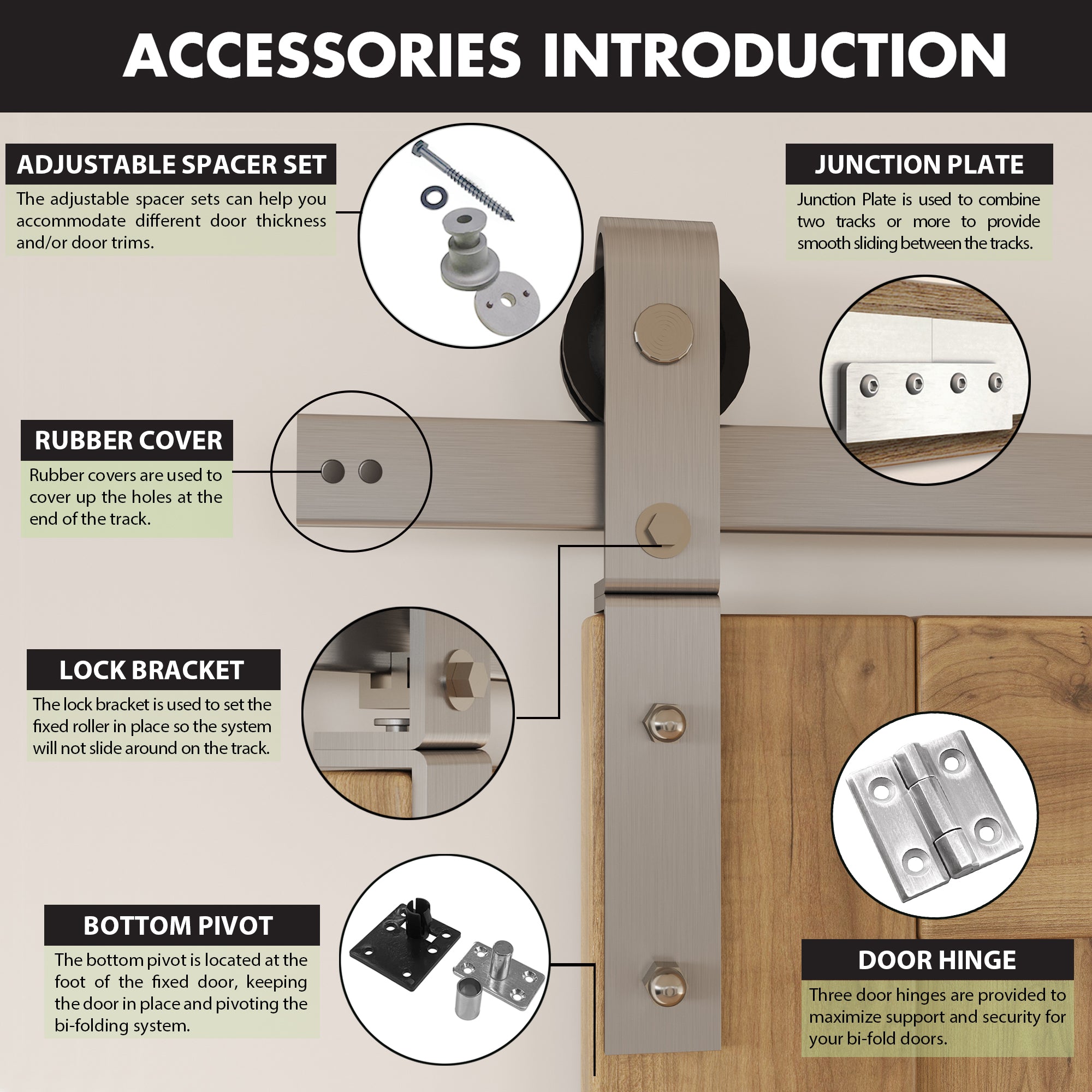 Brushed Nickel Bi-Folding Sliding Barn Door Hardware Front Mount Four Doors Kit - Classic Design Roller (Doors Not Included)