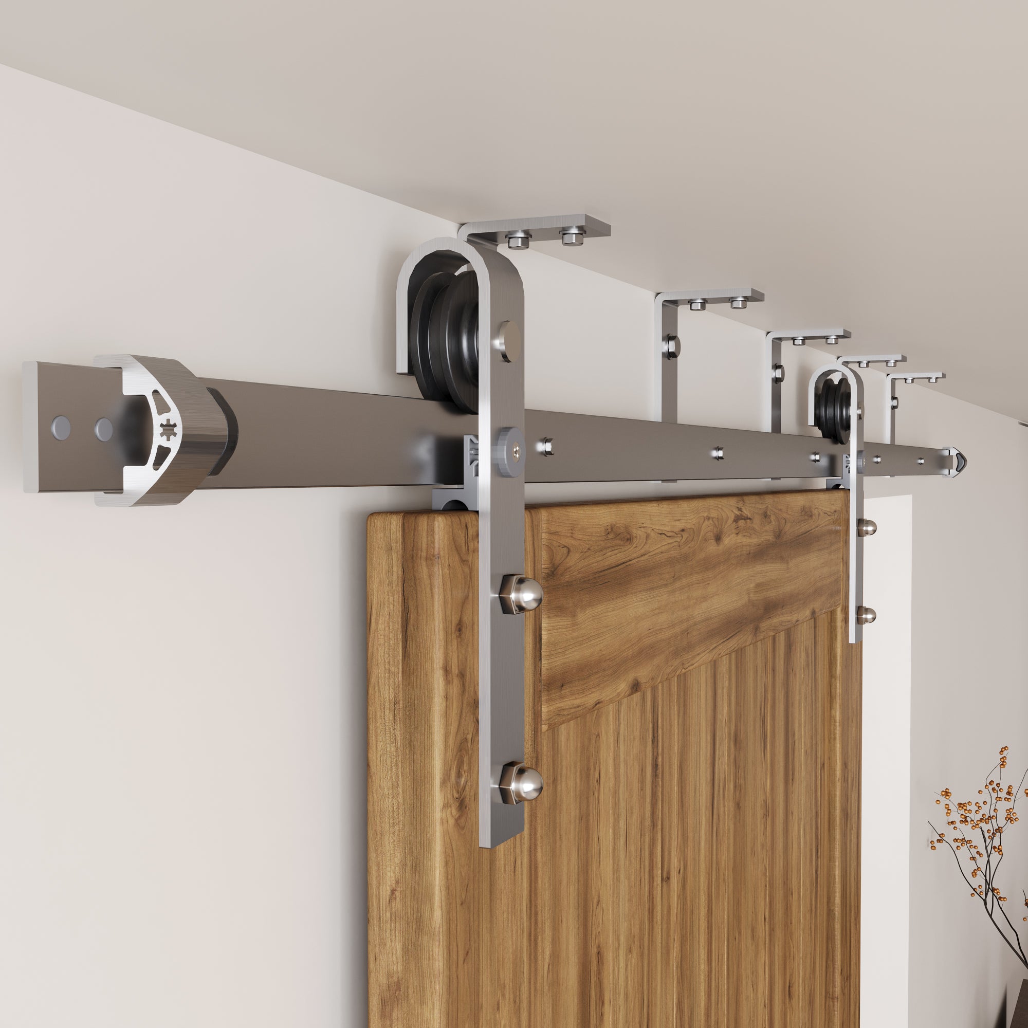 Homacer Brushed Nickel Ceiling Mount Non-Bypass Sliding Barn Door Hardware Kit, for One/Single Door