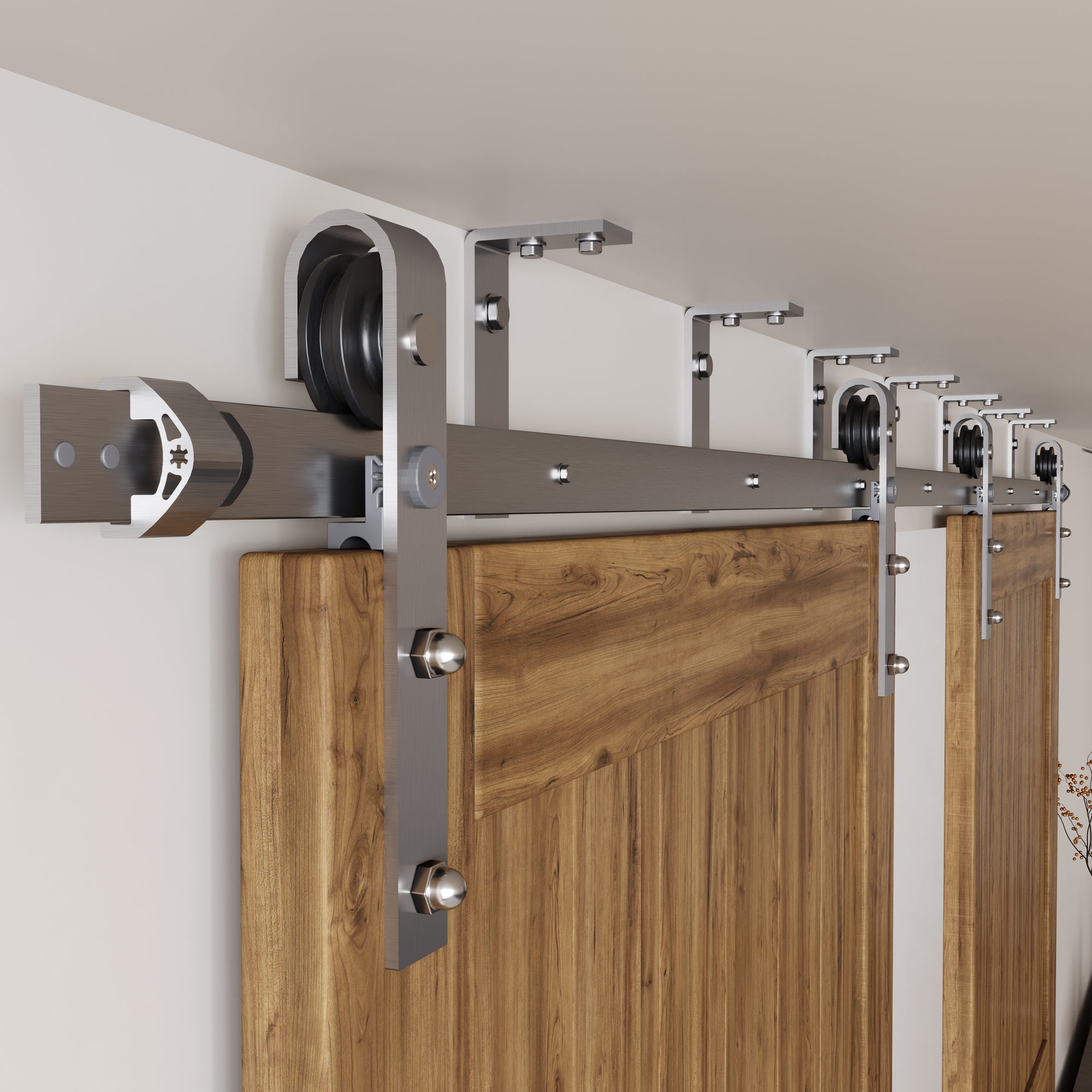 Homacer Brushed Nickel Ceiling Mount Non-Bypass Sliding Barn Door Hardware Kit, For Two/Double Doors