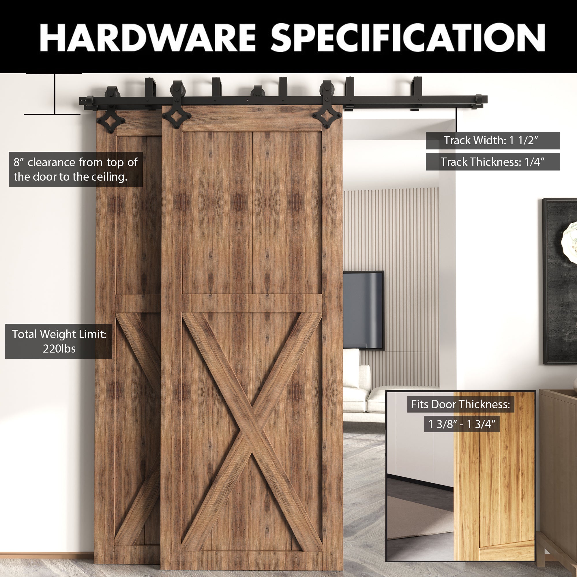 Double Track U-Shape Bypass Sliding Barn Door Hardware Kit - Diamond Design Roller