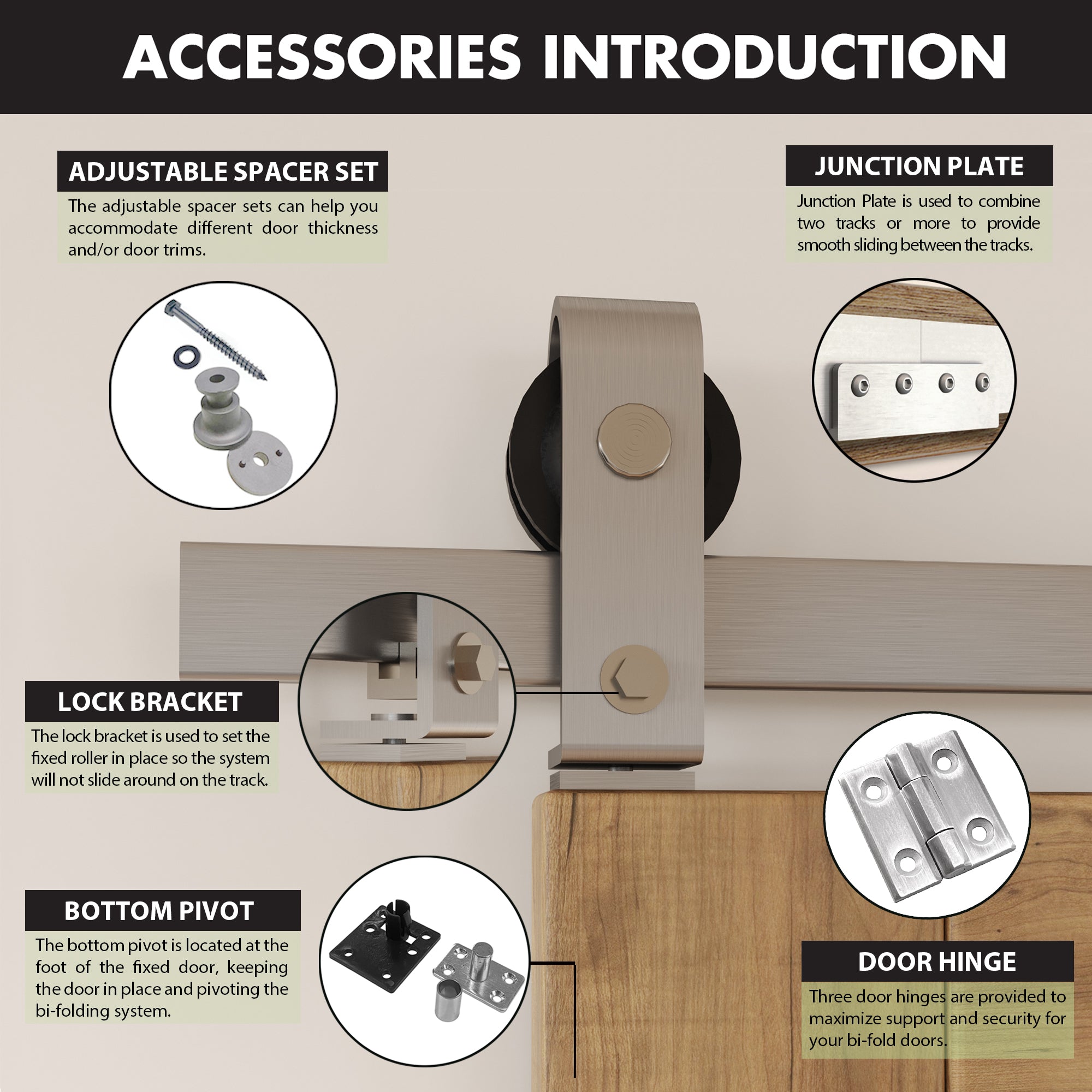 Brushed Nickel Bi-Folding Sliding Barn Door Hardware Top Mount Four Doors Kit - T-Shape Design Roller (Doors Not Included)