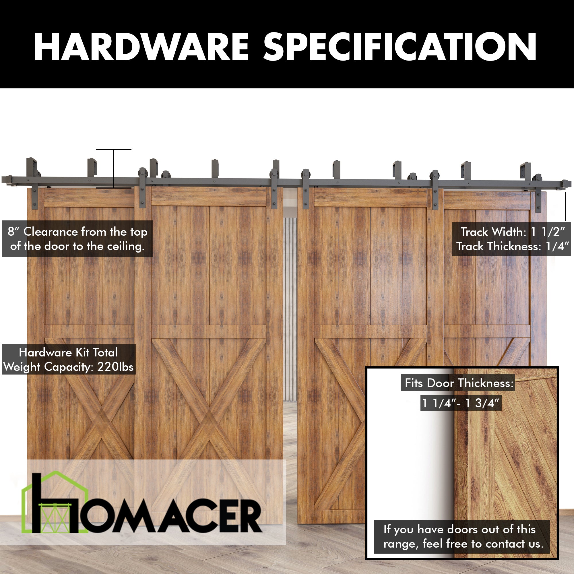 Double Track Bypass Barn Door Hardware Kit – U-Shape, Straight Roller | Homacer