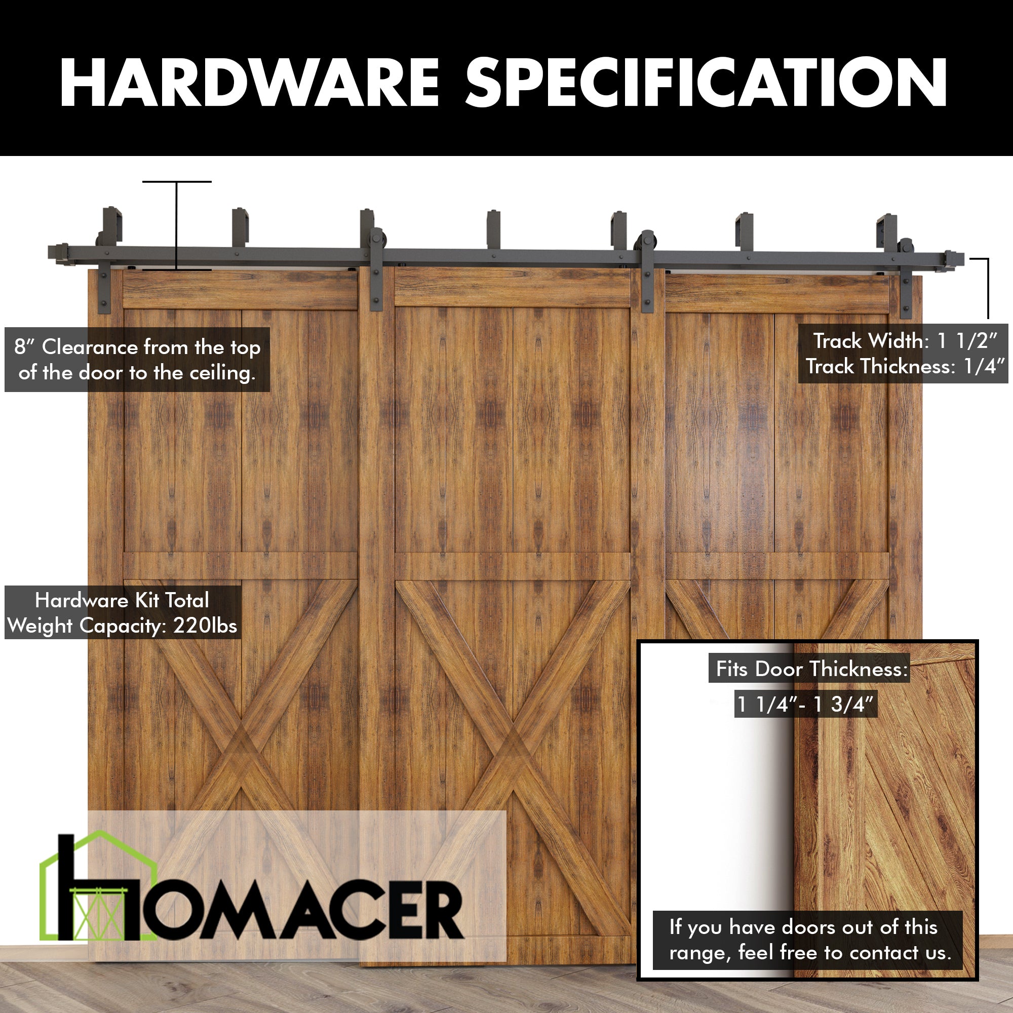 Double Track Bypass Barn Door Hardware Kit – U-Shape, Straight Roller | Homacer