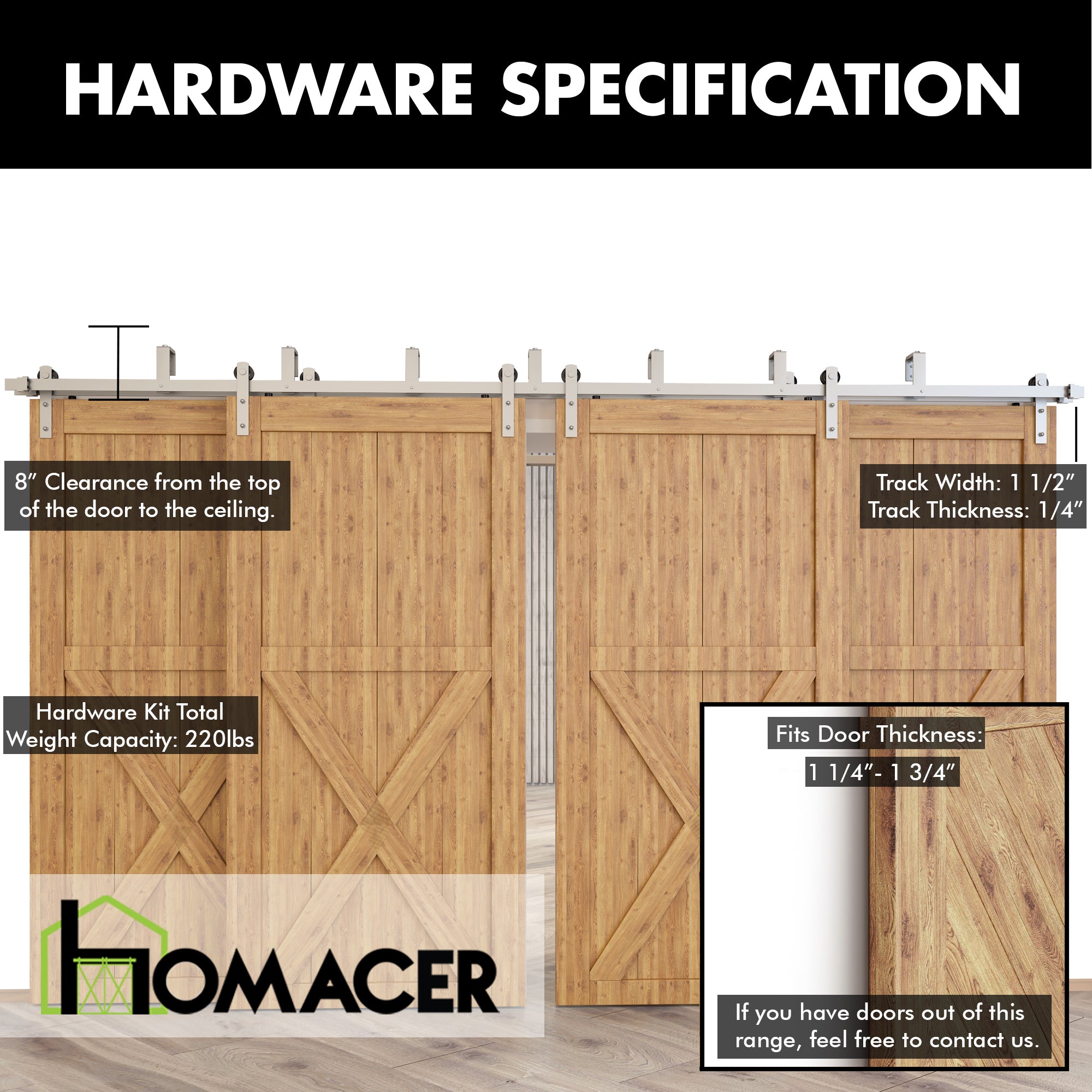 Double Track Bypass Barn Door Hardware Kit - U-Shape, Brushed Nickel , Straight Design Roller | Homacer