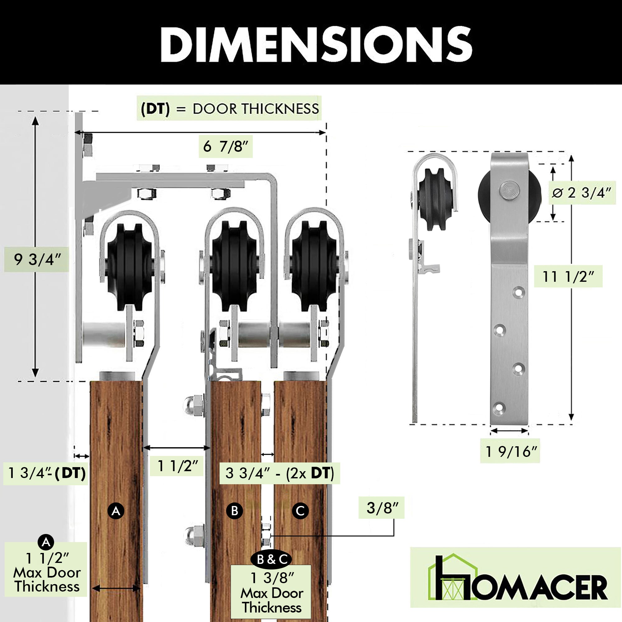 triple track bypass brushed nickel sliding barn door hardware side dimensions