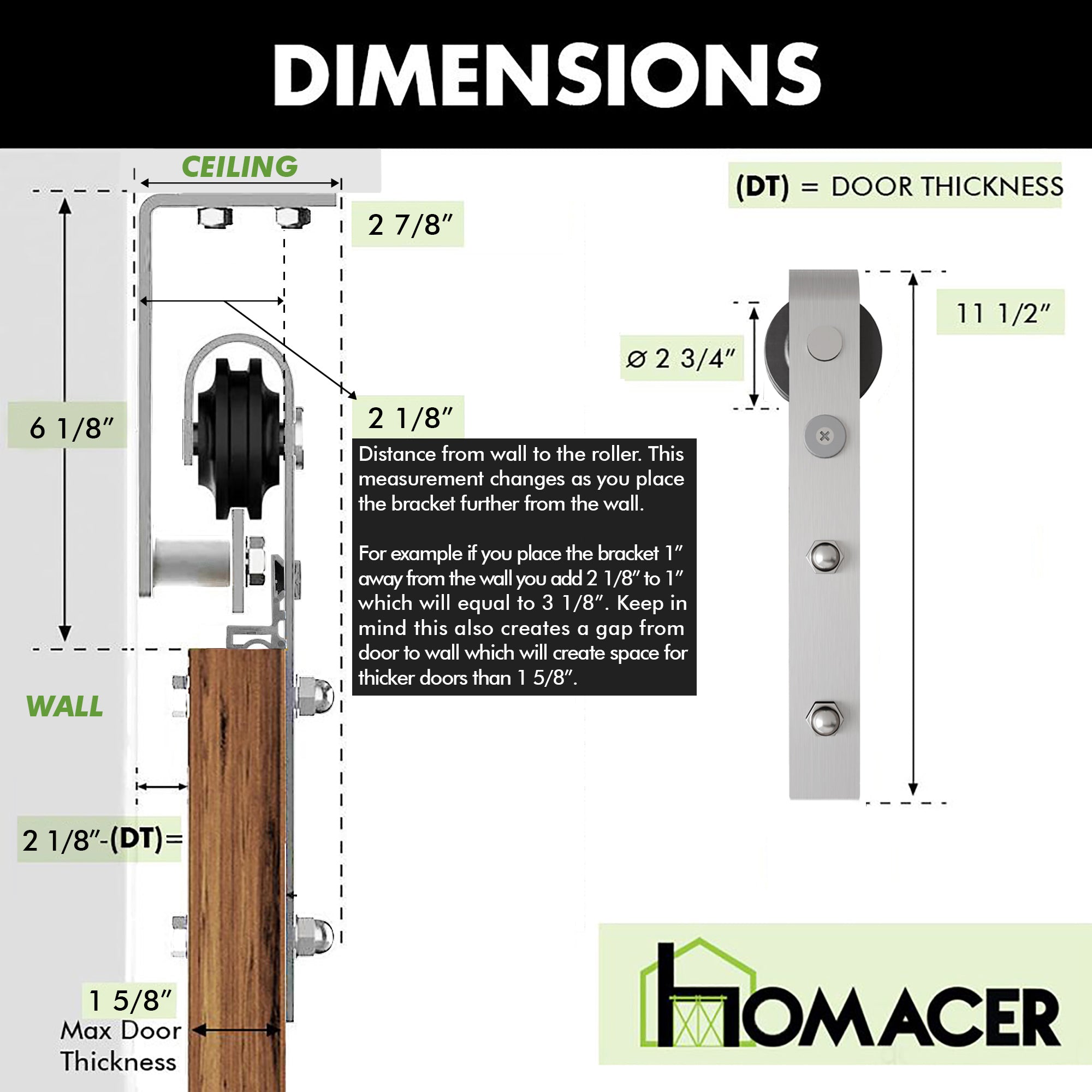 Homacer Brushed Nickel Ceiling Mount Non-Bypass Sliding Barn Door Hardware Kit, for One/Single Door